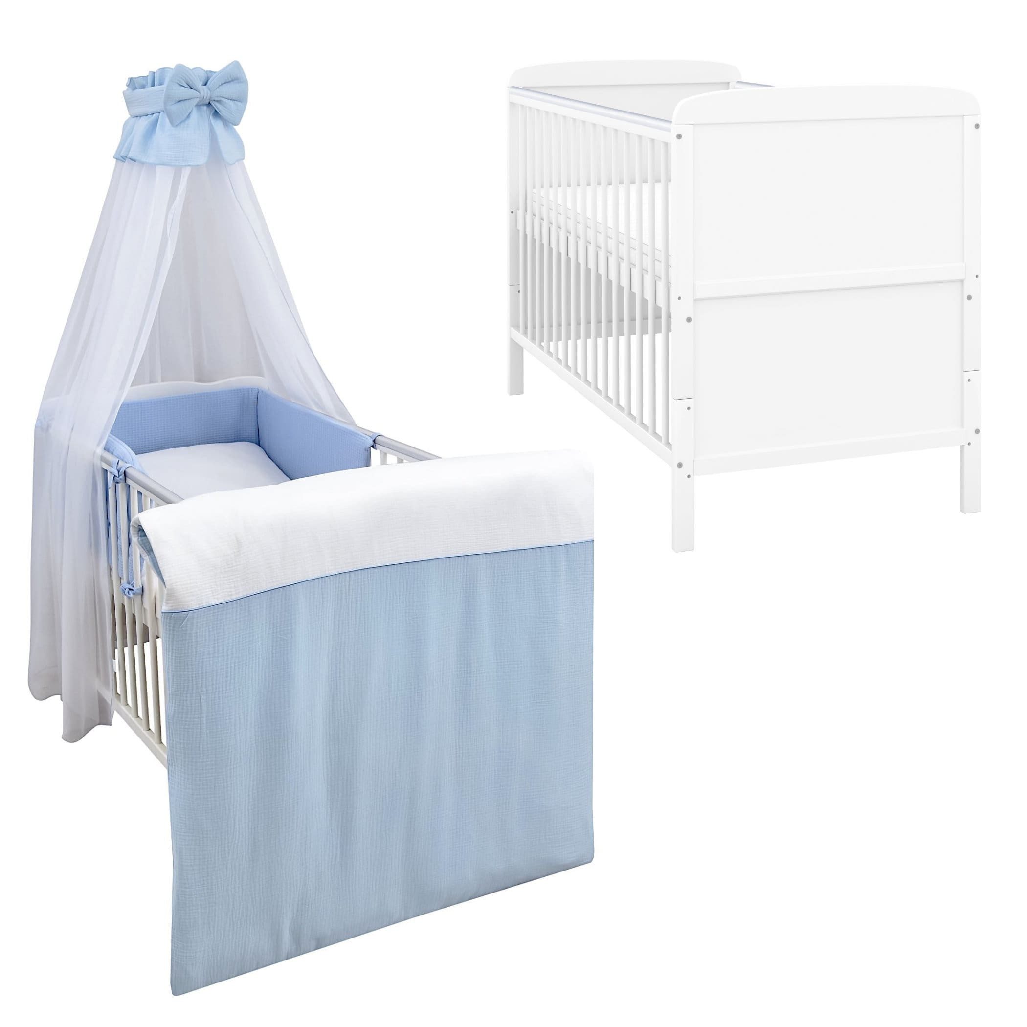 Baby-Delux Komplettbett Babybett Natalie Bettwäsche Komplettset, 10-tlg., Kinderbett 70x140 cm weiß, Bettset verschiedene Designs