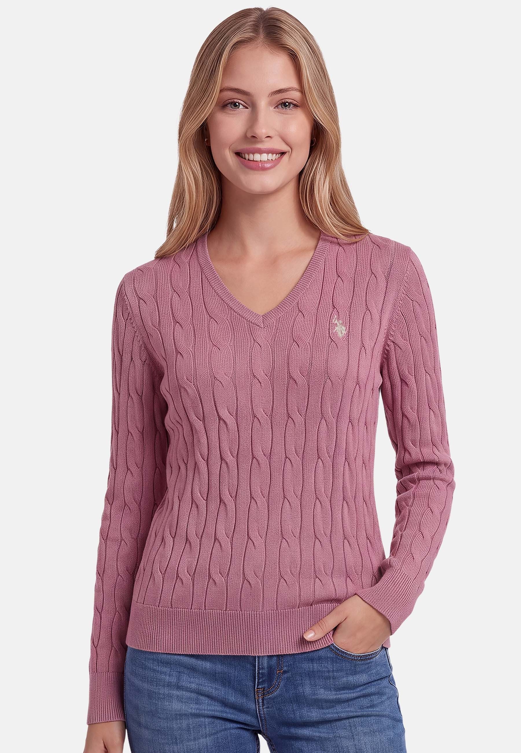 U.S. Polo Assn. Rundhalspullover mit Zopfmuster und V-Ausschnitt Klassischer Strickpullover mit Rippbündchen und dezenter Logostickerei