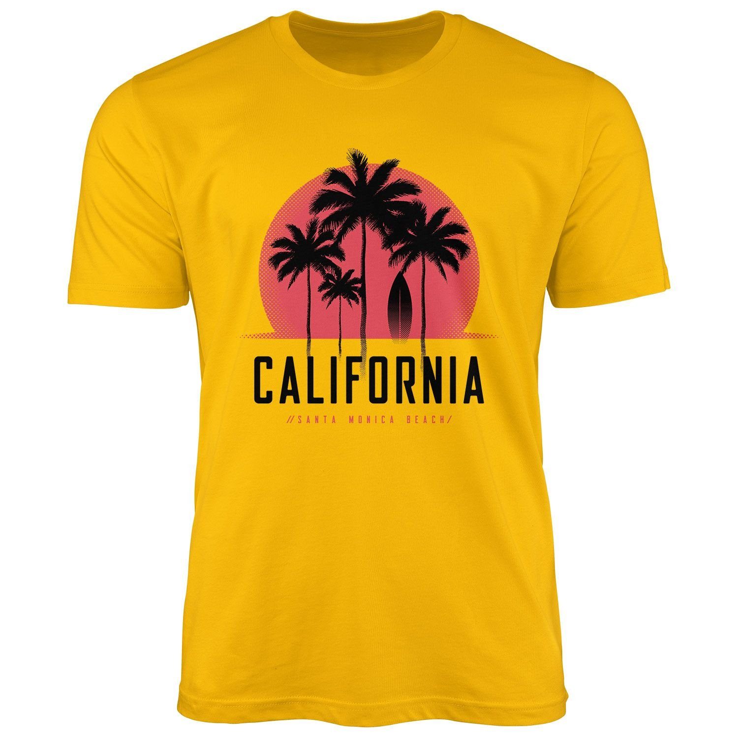 Herren California Beach Monica Print-Shirt mit Neverless gelb T-Shirt Sonne Palmen Santa Streetstyle Sommer Print Fashion Neverless®