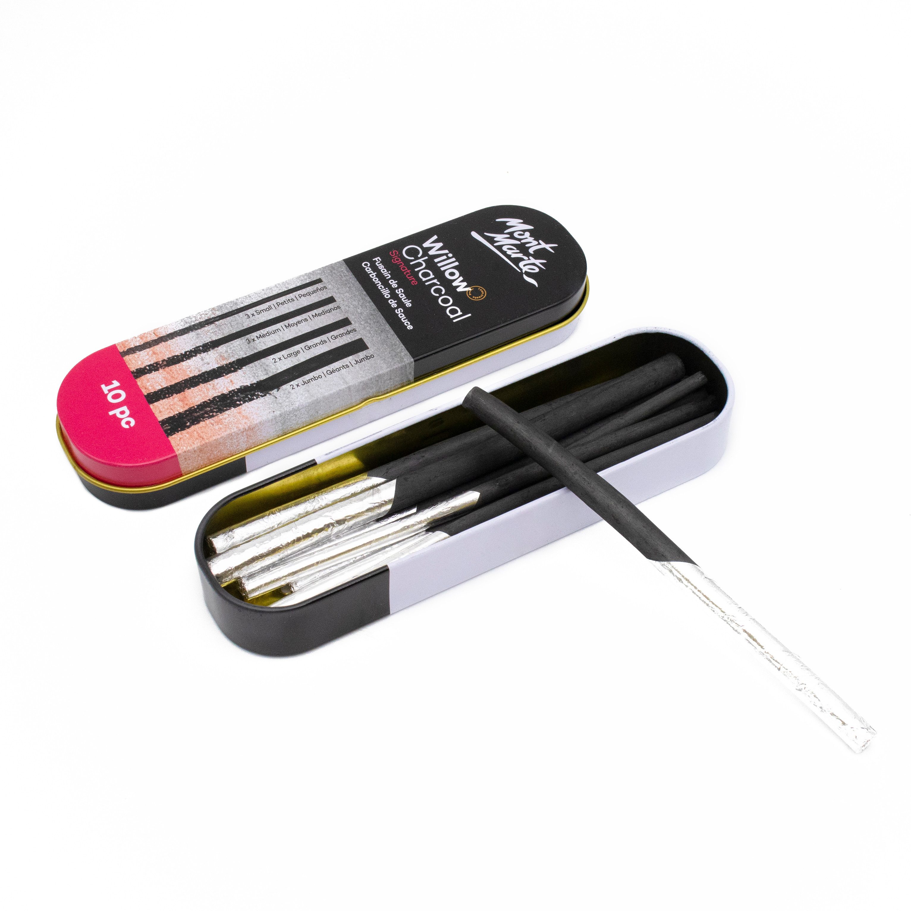 Mont Marte Kohlestift Künstler-Set mit 10 x Zeichenkohle in Folie & praktische Aluminiumcase, (Set, 10-tlg., MONT MARTE "SIGNATURE" - Kohlestifte), Mit Aluminiumcase