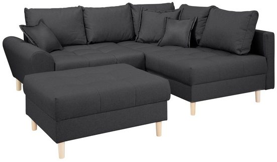 HOME AFFAIRE Ecksofa RICE, Set, mit Hocker, Massivholzfüße und Federkernpolsterung Struktur fein Anthrazit