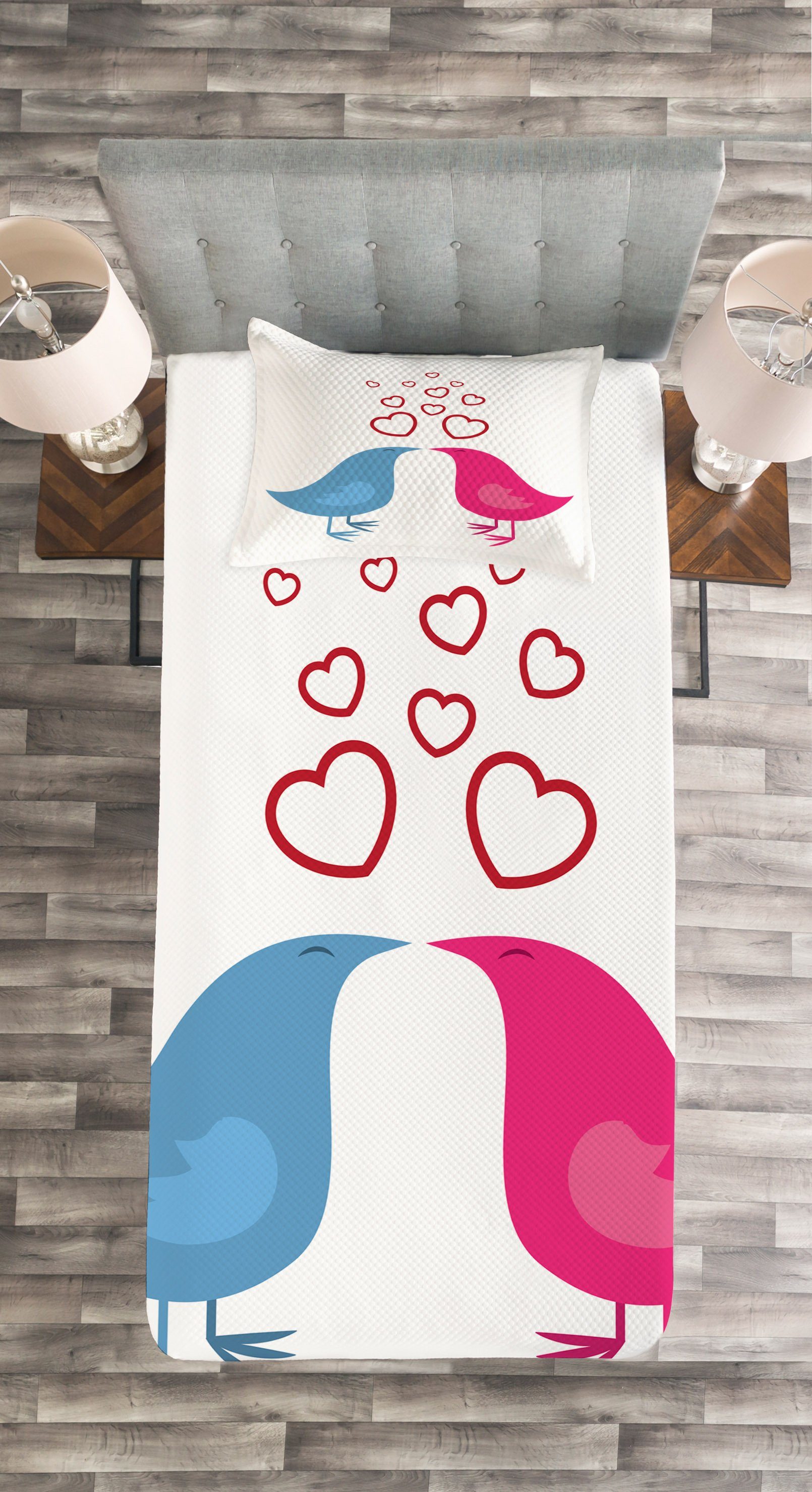 Liebe Romantik Waschbar, Kissenbezügen Set Vogel-Herz-Symbole Abakuhaus, mit Tagesdecke
