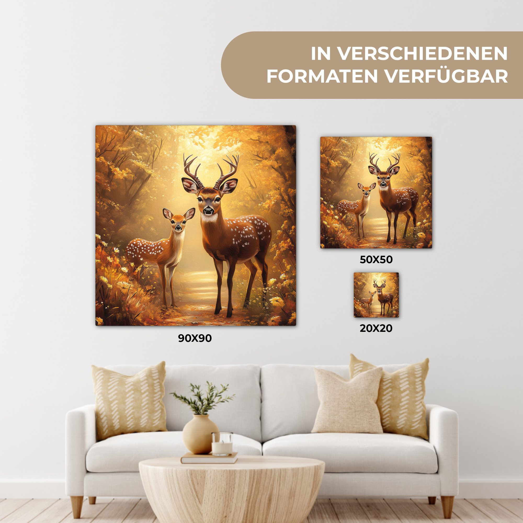 OneMillionCanvasses® Leinwandbild Herbst - Wald - Hirsche - Tiere - Natur - Braun, Fotodruck (1 St), Wandbild, Deko Schlafzimmer Wohnzimmer Flur 20x20 cm – Bild 5 von 5