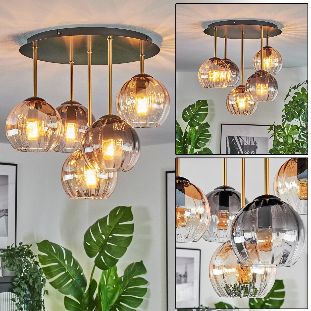 hofstein Deckenleuchte Deckenlampe aus Metall/Riffelglas im Retro/Vintage-Design, 5 x E14, ohne Leuchtmittel, moderne Deckenleuchte in Schwarz/Messing/Rauch/Bernstein/Klar