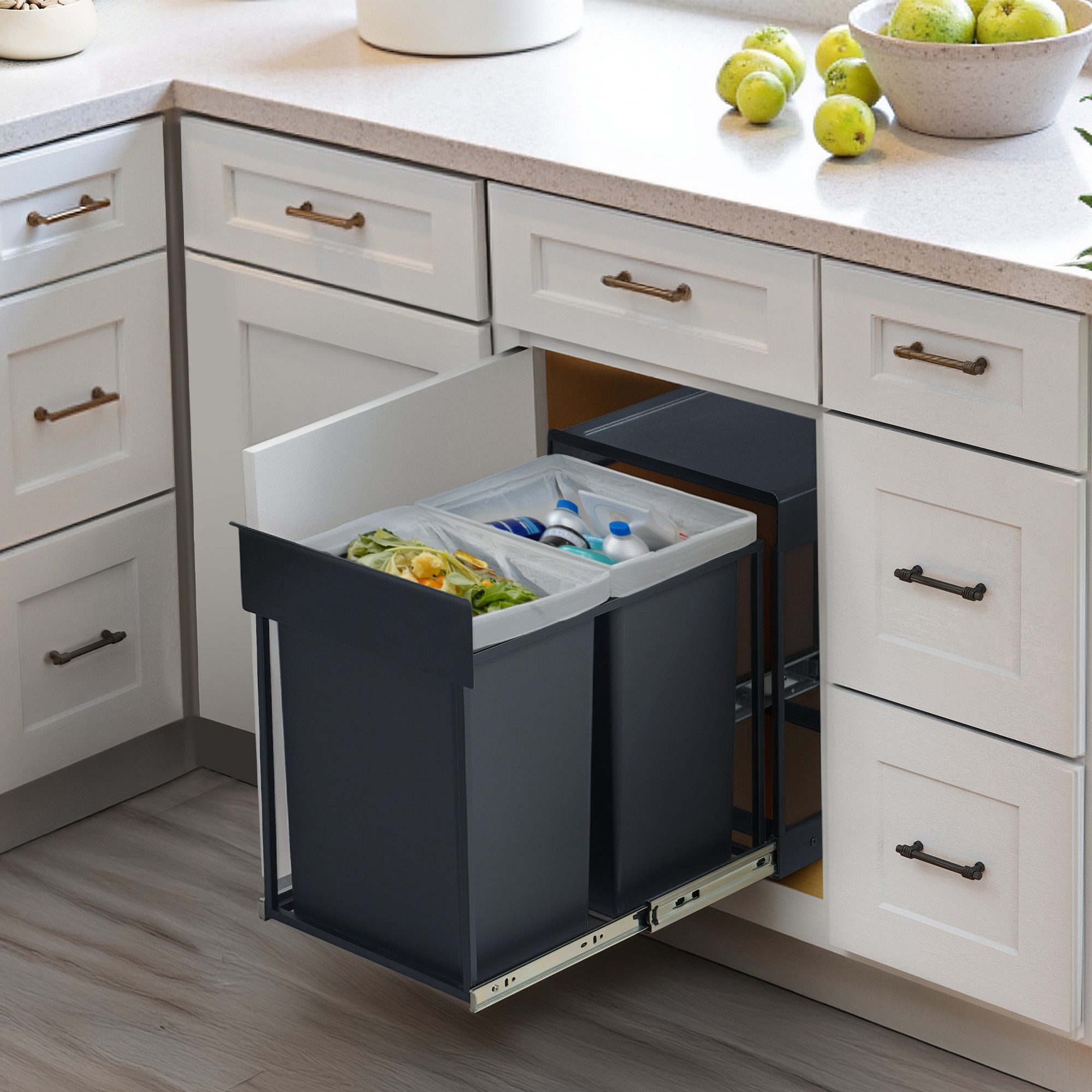 SONGMICS Mülleimer Mülltrennsystem für Unterschrank, Abfalleimer 2 Fächer, ausziehbar, Stahlrahmen, ABS-Deckel, 2 x 15 L – Bild 4 von 5
