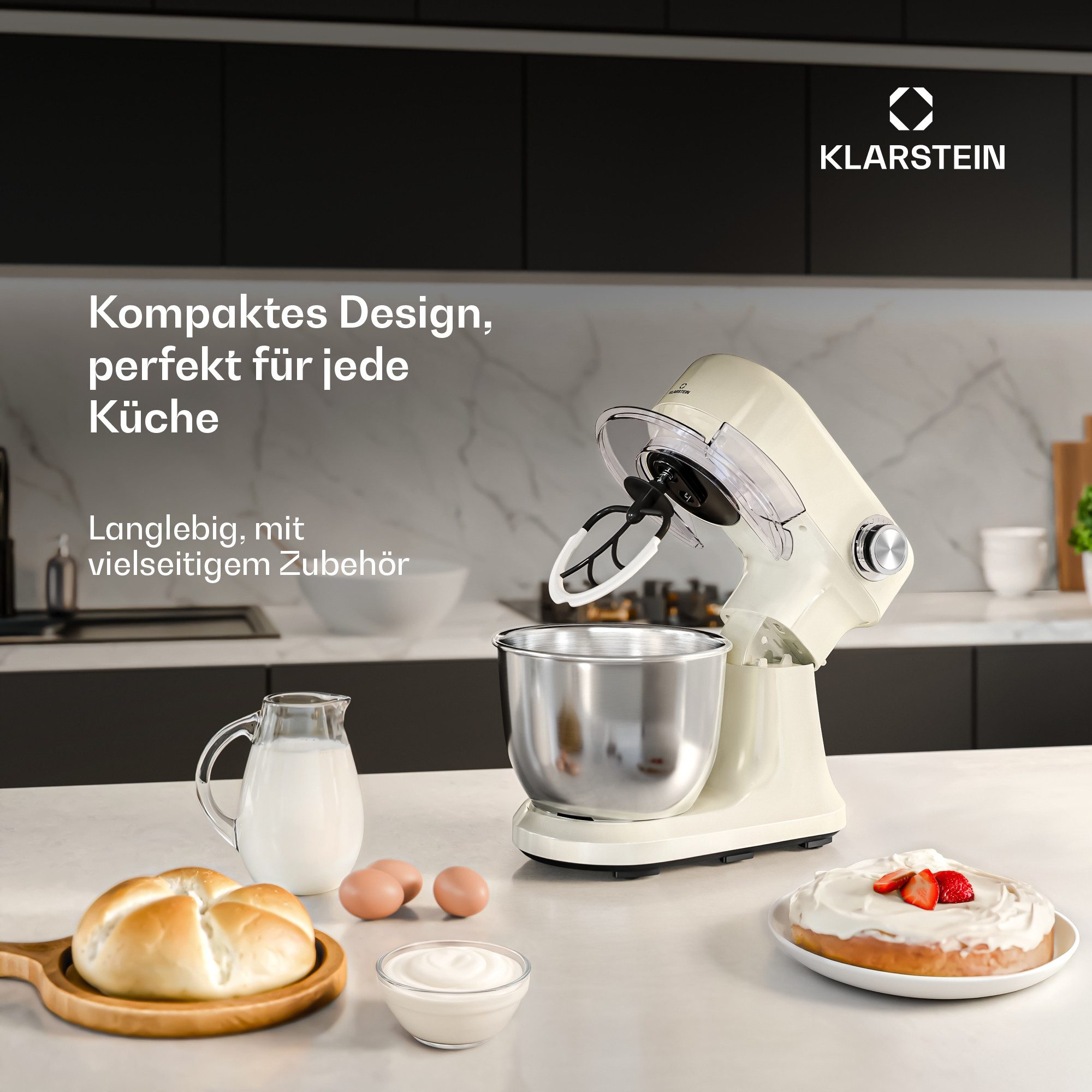 Klarstein Küchenmaschine mit Kochfunktion, 1500 W, 5 l Schüssel, Kompakt Küche maschine 5 L 12 Stufe Pulsfunktion 1500 W Creme