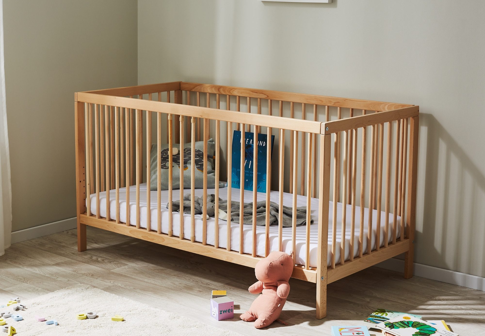 Kids Collective Kinderbett Babybett Gitterbett 60x120 und 70x140 cm herausnehmbare Sprossen (mit Lattenrost und herausnehmbaren Sprossen ab Geburt bis zum 3. LJ), 70x140 cm in natur
