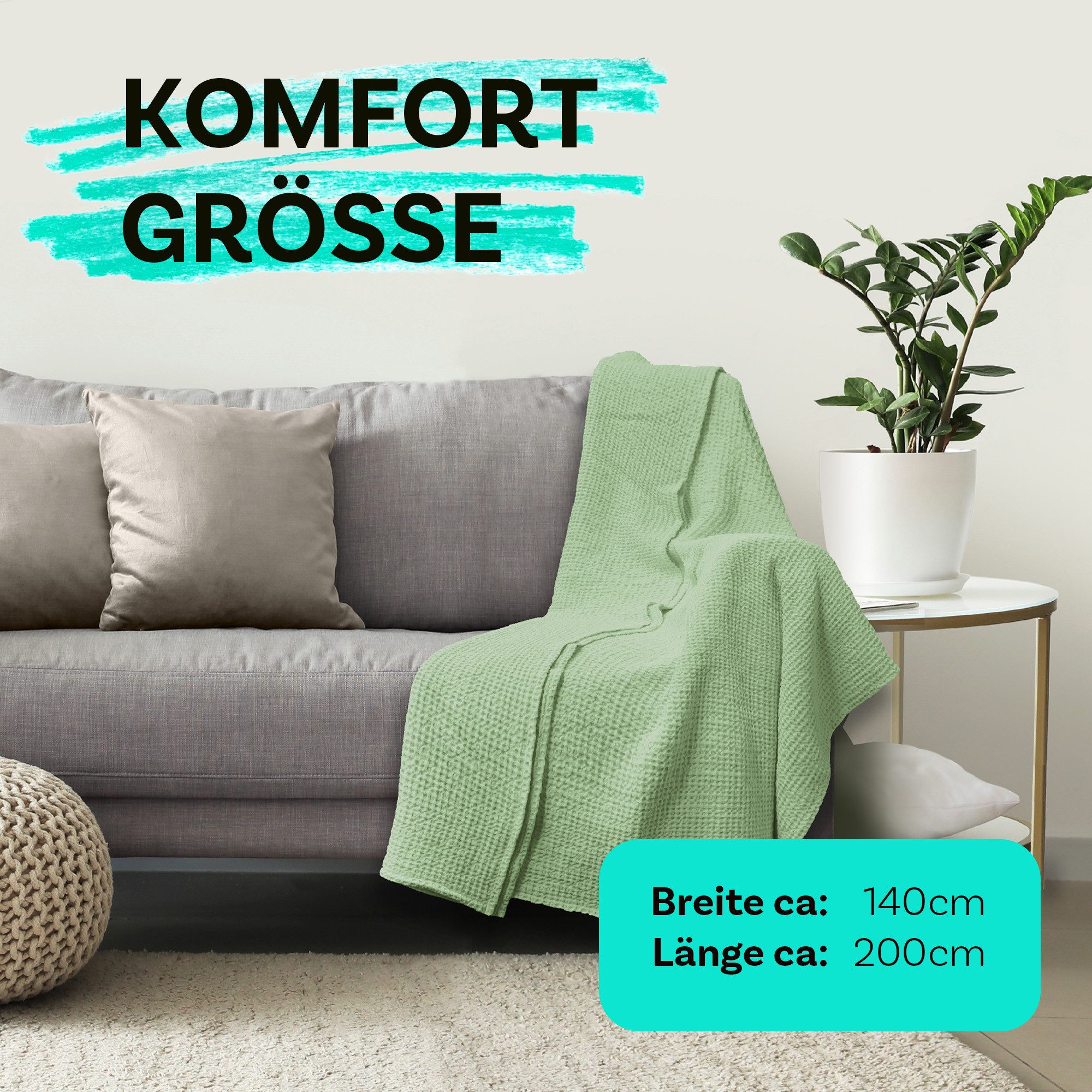 Wohndecke für den Sommer Piqué 140x200cm, Bestlivings, 52% Polyester/48% Baumwolle, atmungsaktiv, trocknergeeignet, OEKO-TEX