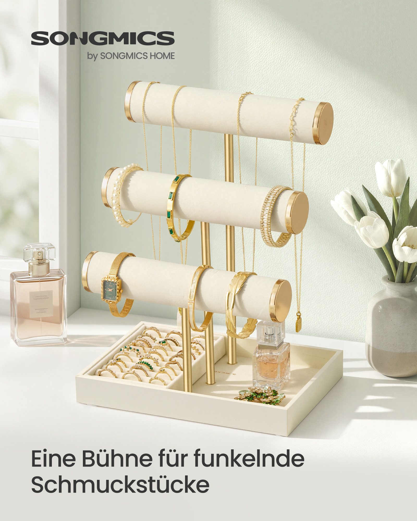 SONGMICS Schmuckständer Schmuckständer, 3 Armbandhalter, Schmuck-Organizer, mit Tablett aus Samt, abnehmbarer Ringhalter