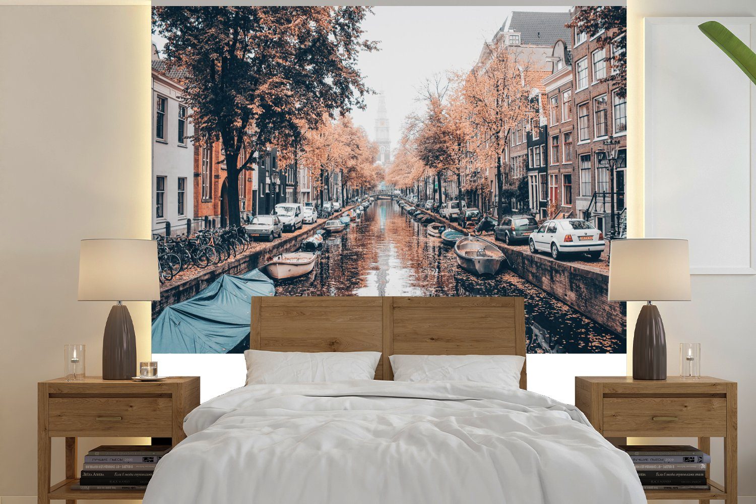 MuchoWow Fototapete Niederlande - Kanäle - Boote, Matt, bedruckt, (5 St), Vinyl Tapete für Wohnzimmer oder Schlafzimmer, Wandtapete | Fototapeten