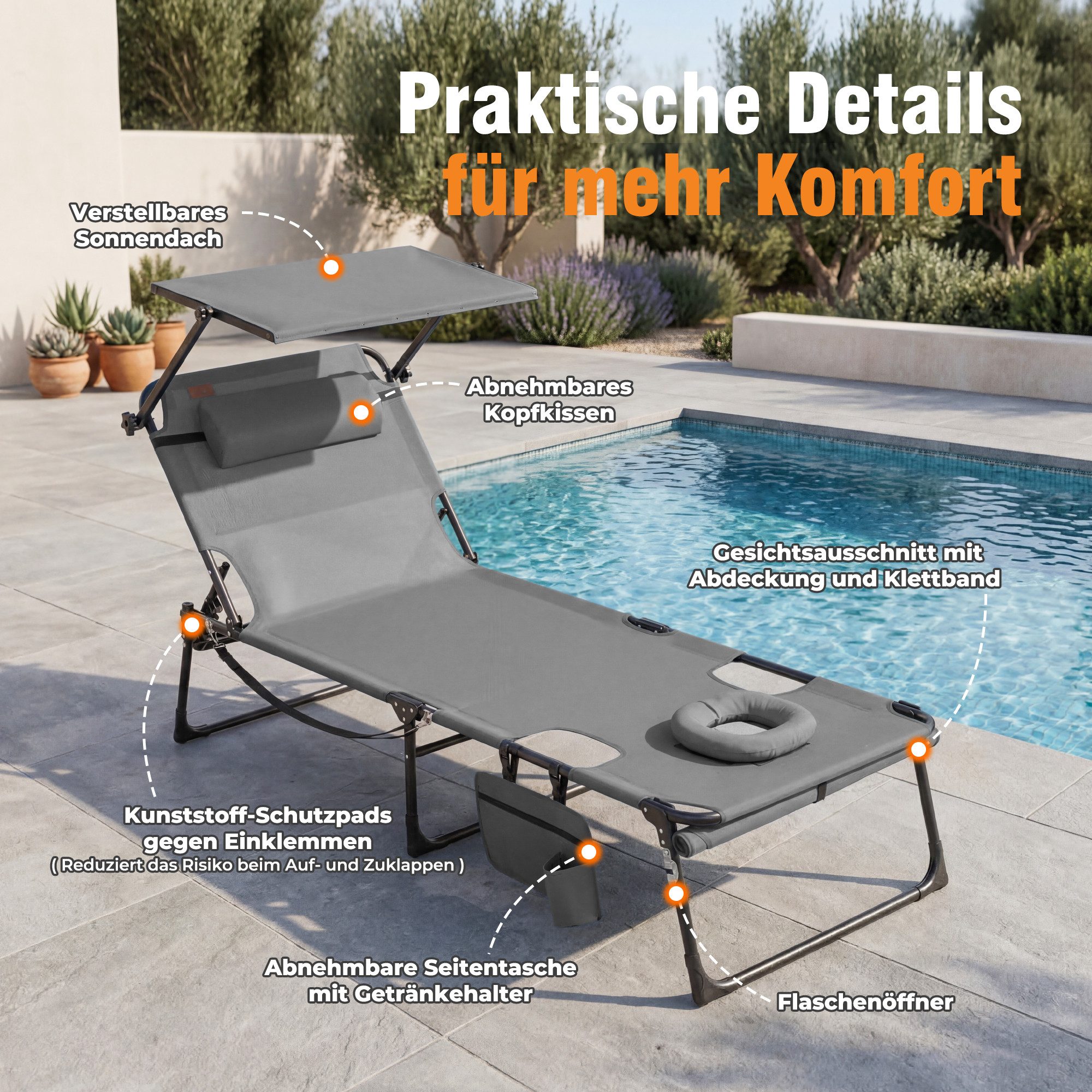 HOMECALL Gartenliege Sonnenliege mit Gesichtsöffnung und Sonnendach, klappbarer Liegestuhl, bis180 kg 200x70cm 4-Fach verstellbare Rückenlehne, 1 St., für Garte – Bild 4 von 5