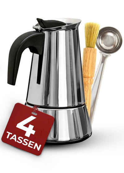 Cosumy Espressokocher Espressokocher 4 Tassen Induktion geeignet, Edelstahl - Mit Dosierlöffel und Bürste