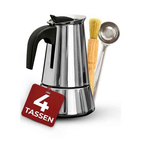 Cosumy Espressokocher Espressokocher 4 Tassen Induktion geeignet, Edelstahl - Mit Dosierlöffel und Bürste