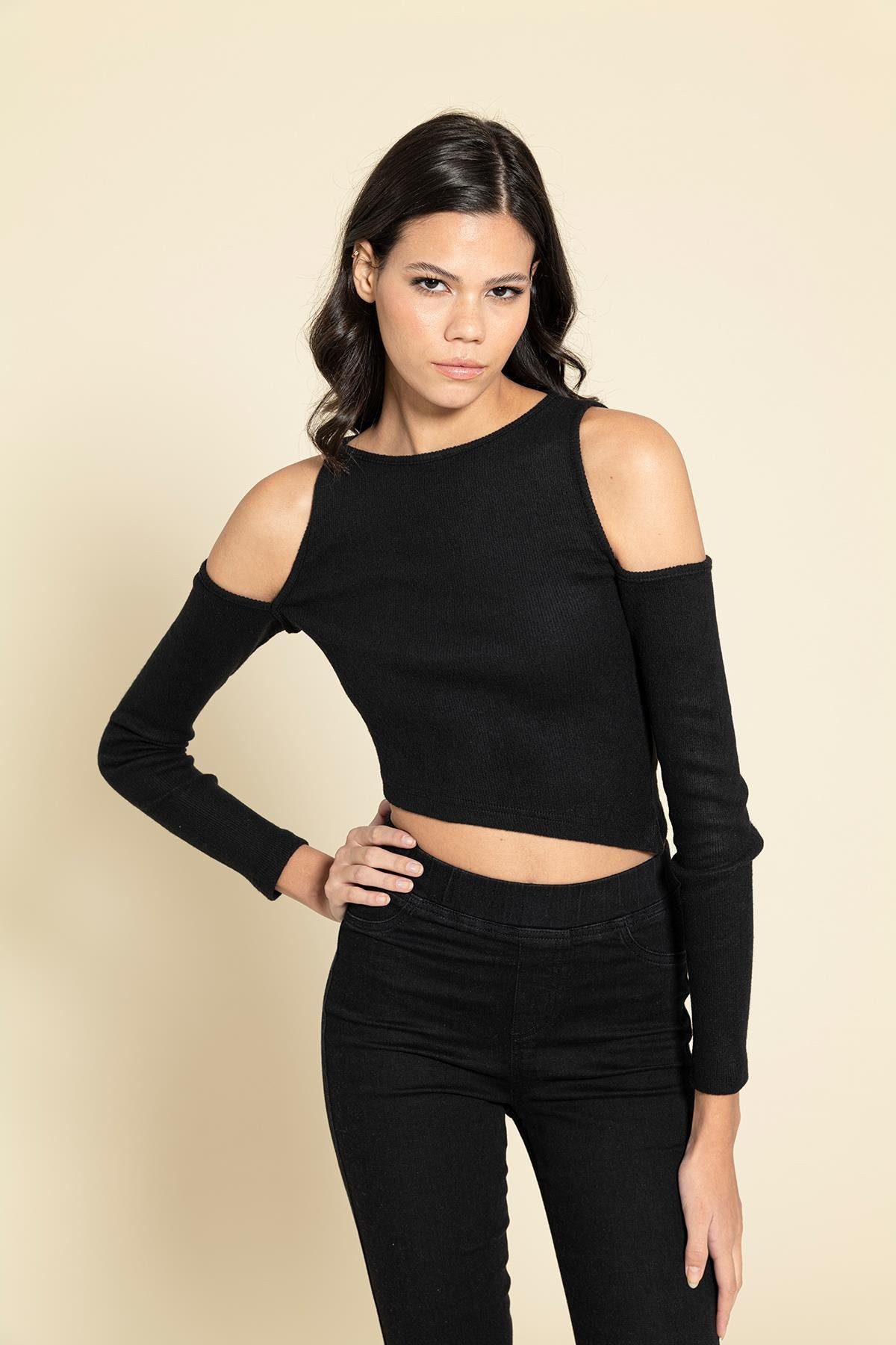 For You Moda Блузкиtop Schwarze Asymmetrische Ärmelbluse