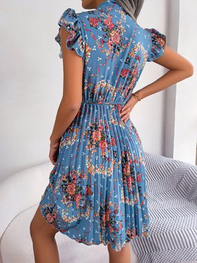 BlauWave Druckkleid Damen Sommerkleid,plissierter Blumen kleider (1-tlg., Rüschenärmel, hoher Halsausschnitt A-Linie, knielanges Kleid) Freizeitkleid
