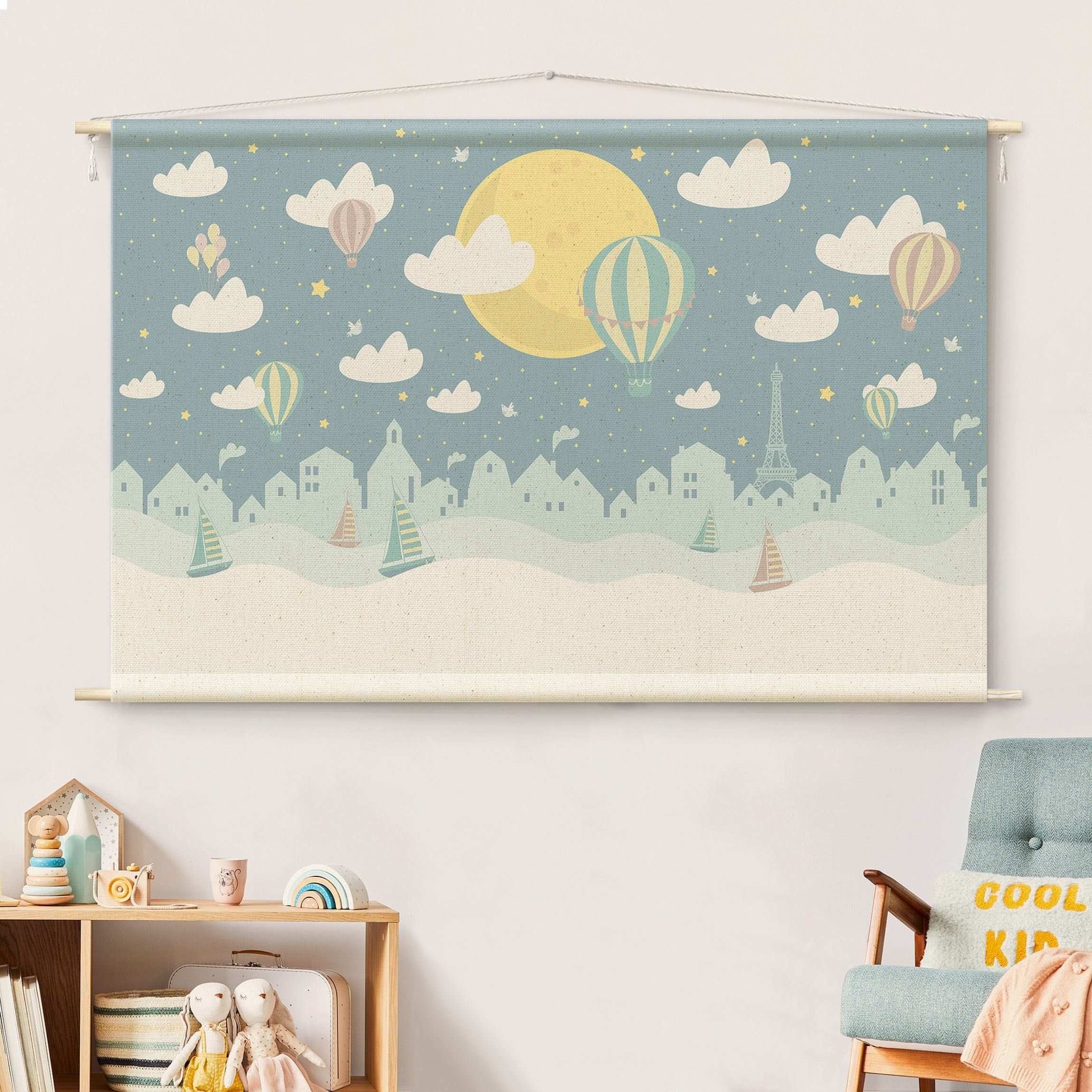 Bilderdepot24 Wandteppich Jungenzimmer modern Paris Ballon blau, rechteckig, Höhe: 2.6 mm, großes Wandbild aus Natur-Baumwolle Wandbehang Stoffbild Tuch Wollseil