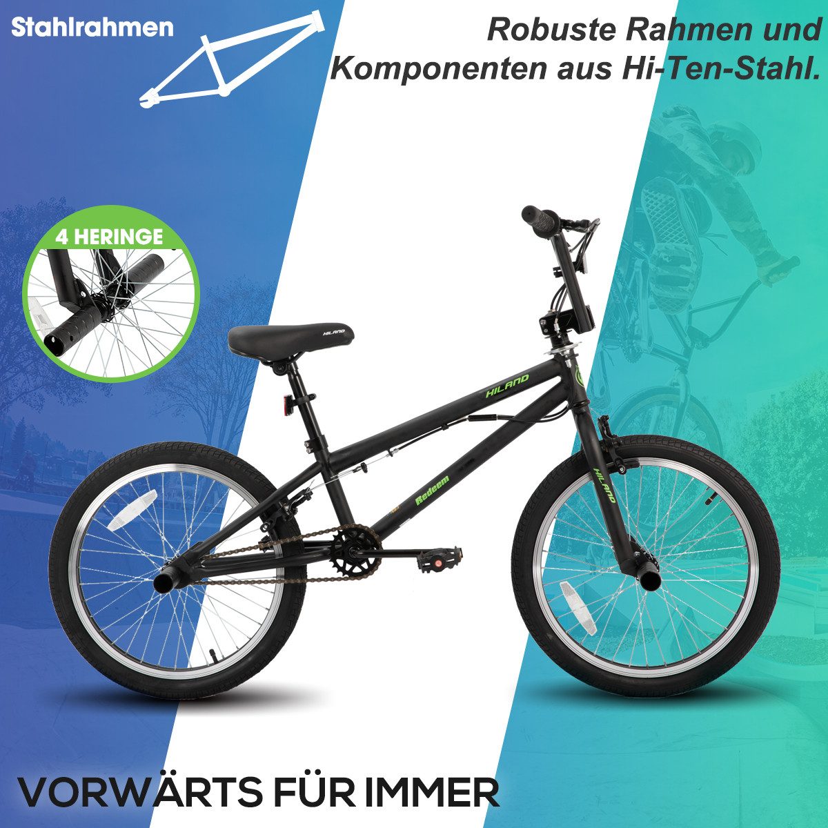 HILAND Kinderfahrrad Redeem 20 Zoll 3 Multiple Speichen BMX für Jungen ab 7-10 Jahre, 1 Gang, Reflektorplatte, Single Speed, 4 Pegs