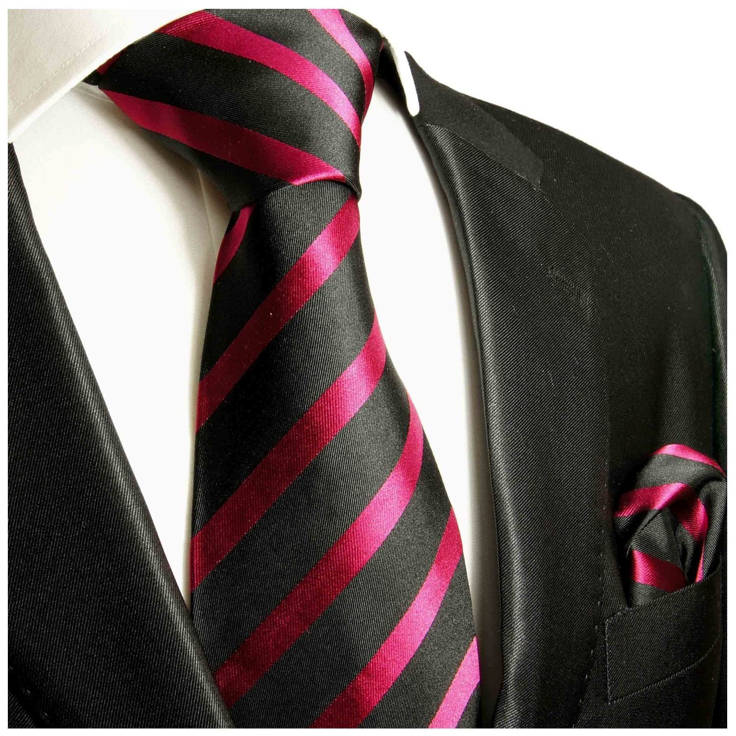 Paul Malone Krawatte Herren Seidenkrawatte und Tuch modern gestreift 100% Seide (Set, 2-St., Krawatte mit Einstecktuch) Breit (8cm), pink schwarz 463 | Breite Krawatten
