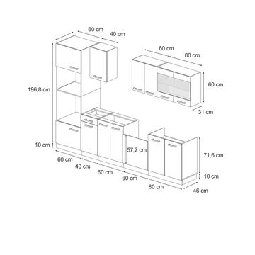 Livinity® Küchenzeile R-Line, Blau-Grau/Goldkraft Eiche, 300 cm mit Hochschrank, AP Eiche