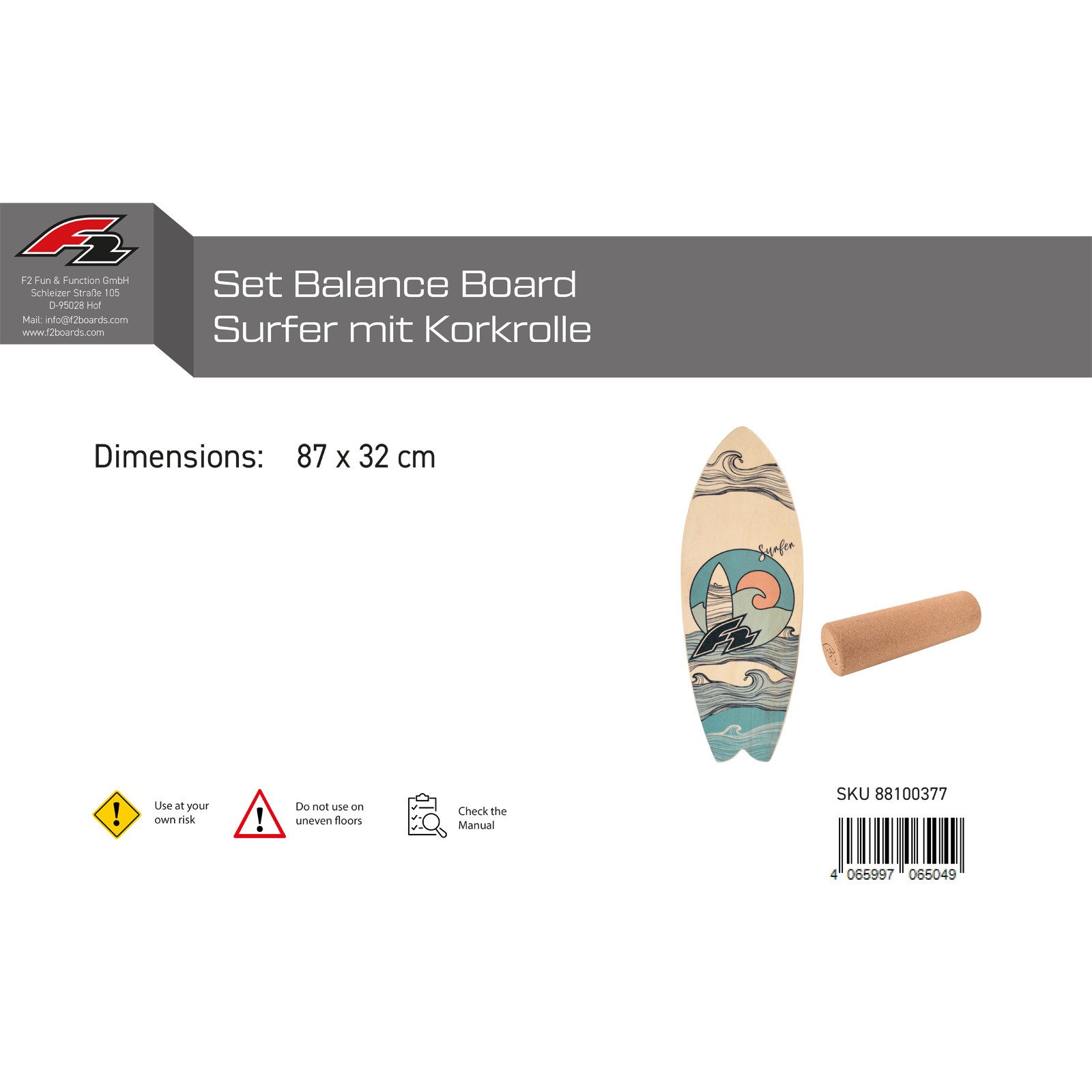 F2 Balanceboard F2 Set Balance Board Surfer 87x32cm mit Korkrolle