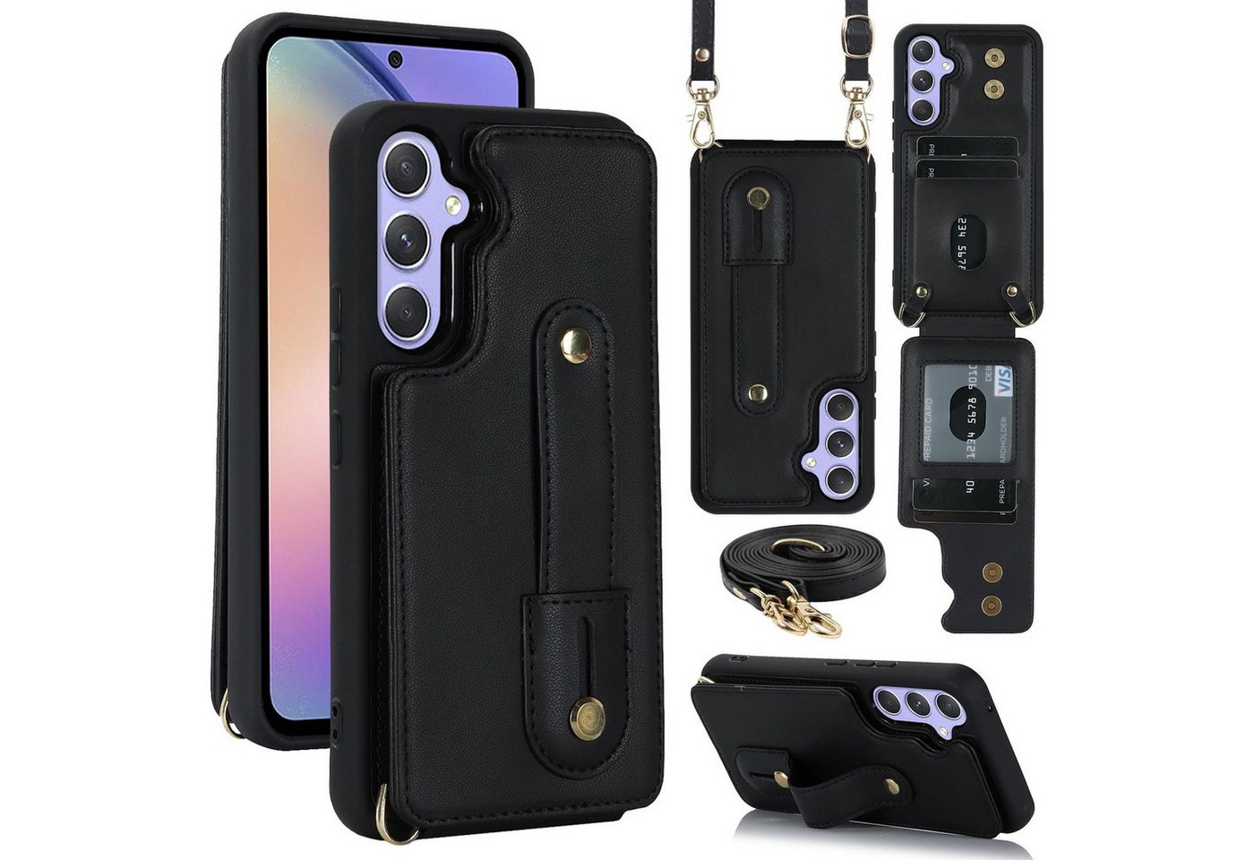 Wigento Handyhülle Fliphülle für Samsung Galaxy S26 Kartenfach Umhängeband Schwarz 6,3 Zoll, Kartenfächer, Handband, Umhängeband