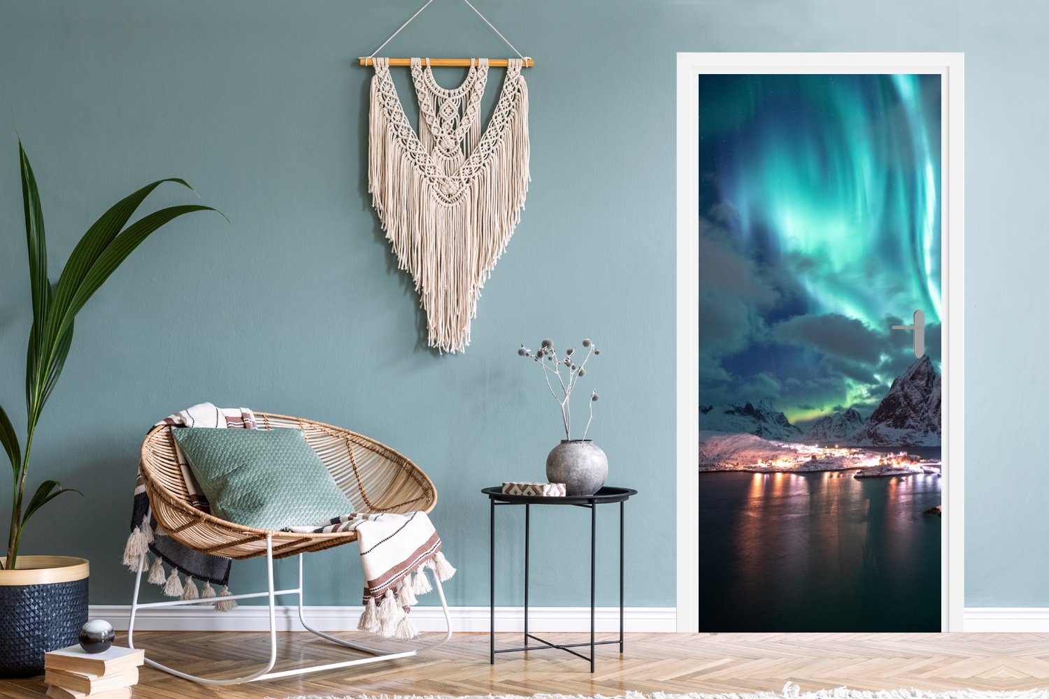 MuchoWow Türtapete Aurora - Norwegen St), für - 75x205 Fototapete (1 bedruckt, cm Türaufkleber, Tür, Berg, Matt