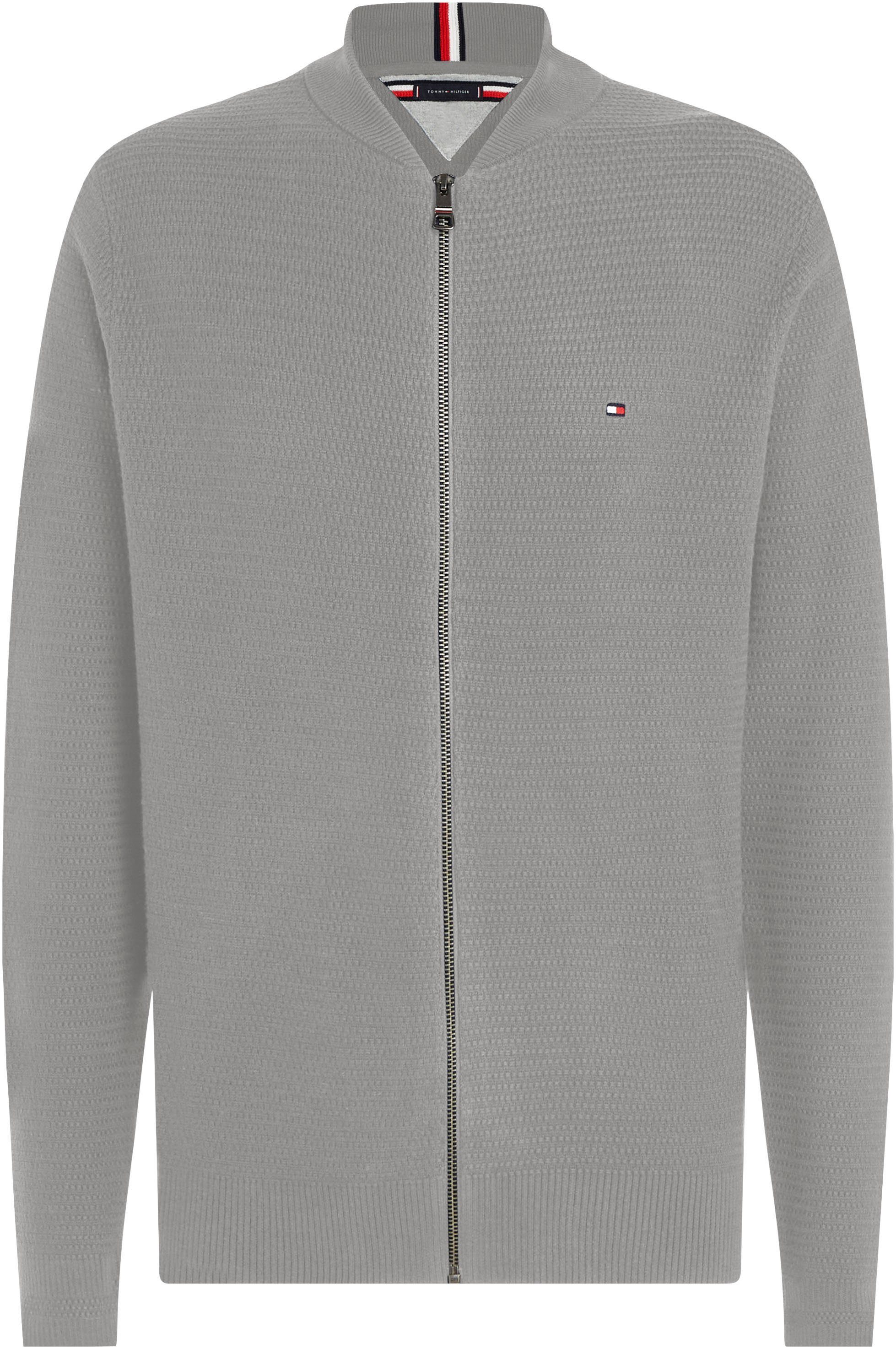 Grey in Heather ZIP Sweatshirt strukturierter INTERLACED Optik BASEBALL Tommy THROUGH Medium Hilfiger