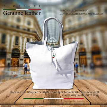 FLORENCE Schultertasche Florence ital. Echtleder Shopper weiß (Shopper), Damen Leder Shopper, Schultertasche, weiß ca. 30cm