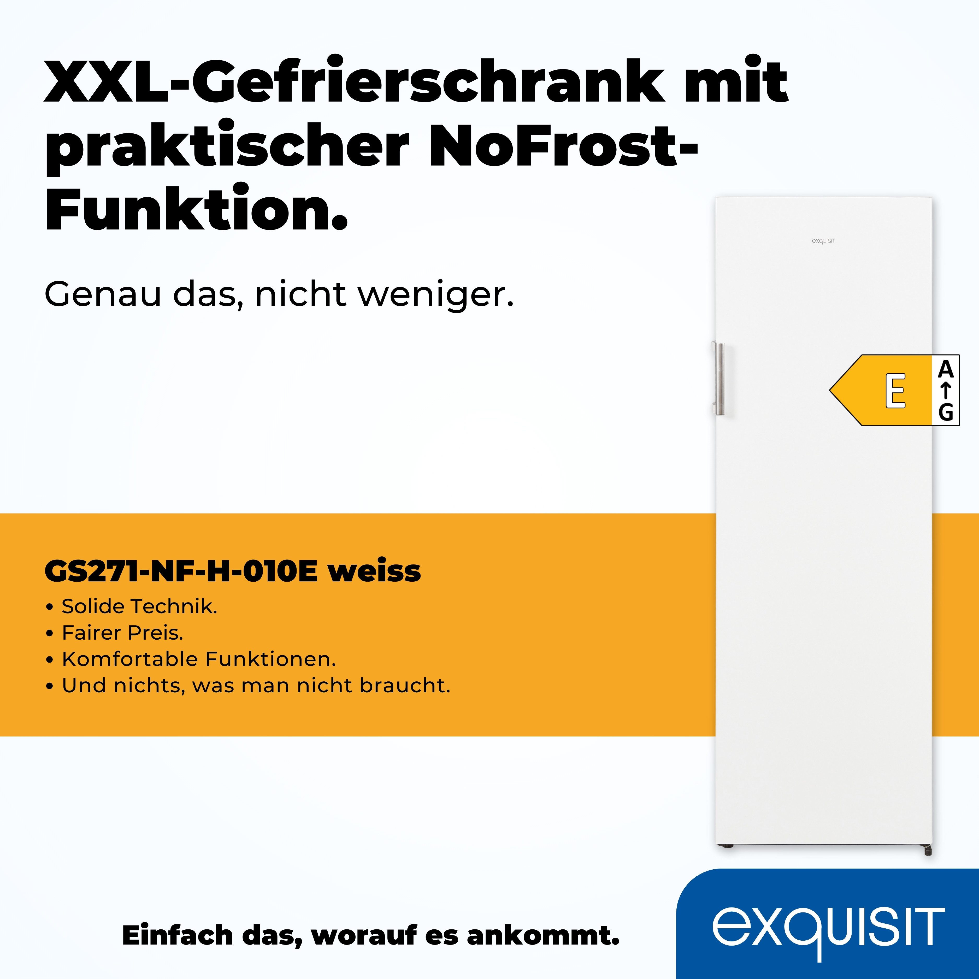 exquisit Gefrierschrank GS271-NF-H-010E weiss, 169,1 cm hoch, 55,9 cm breit, 4*-Gefrierschrank No Frost mit LED-Anzeige & praktischem Griff