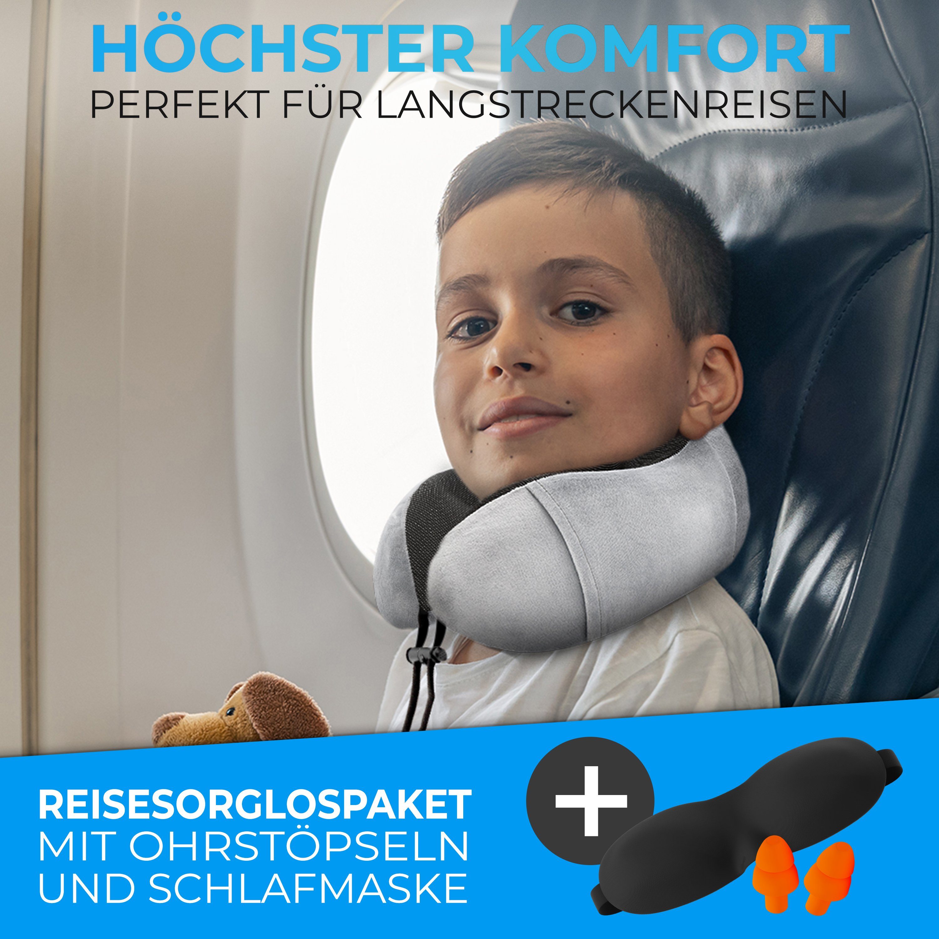 Styngard Nackenkissen Kinder Reisekissen, aus Memory-Foam inkl. Schlafmaske und Ohrstöpsel