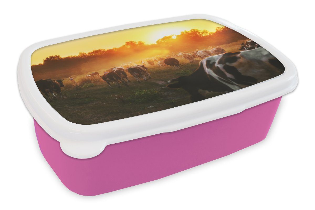 MuchoWow Lunchbox Kühe - Sonnenuntergang - Wiese - Tiere, Kunststoff, (2-tlg), Brotbox für Erwachsene, Brotdose Kinder, Snackbox, Mädchen, Kunststoff rosa