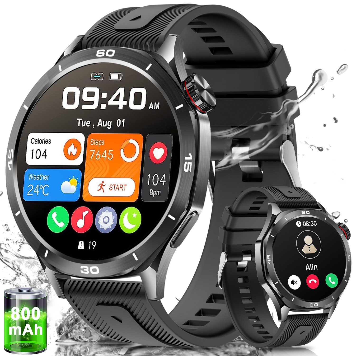 BANLVS 2025 800mAh Militär Smartwatch Herren,Fitnessuhr mit Telefonfunktion Smartwatch (1.52" Zoll) 1.52"HD,30 Tage,Herzfrequenz/SpO2/Schlafüberwachung,5ATM Wasserdicht, IP68 Wasserdichte Fitnessuhr Tracker, Fitnesstracker,Schrittzähler,Gesundheitsfunktionen,Militär Sportuhr