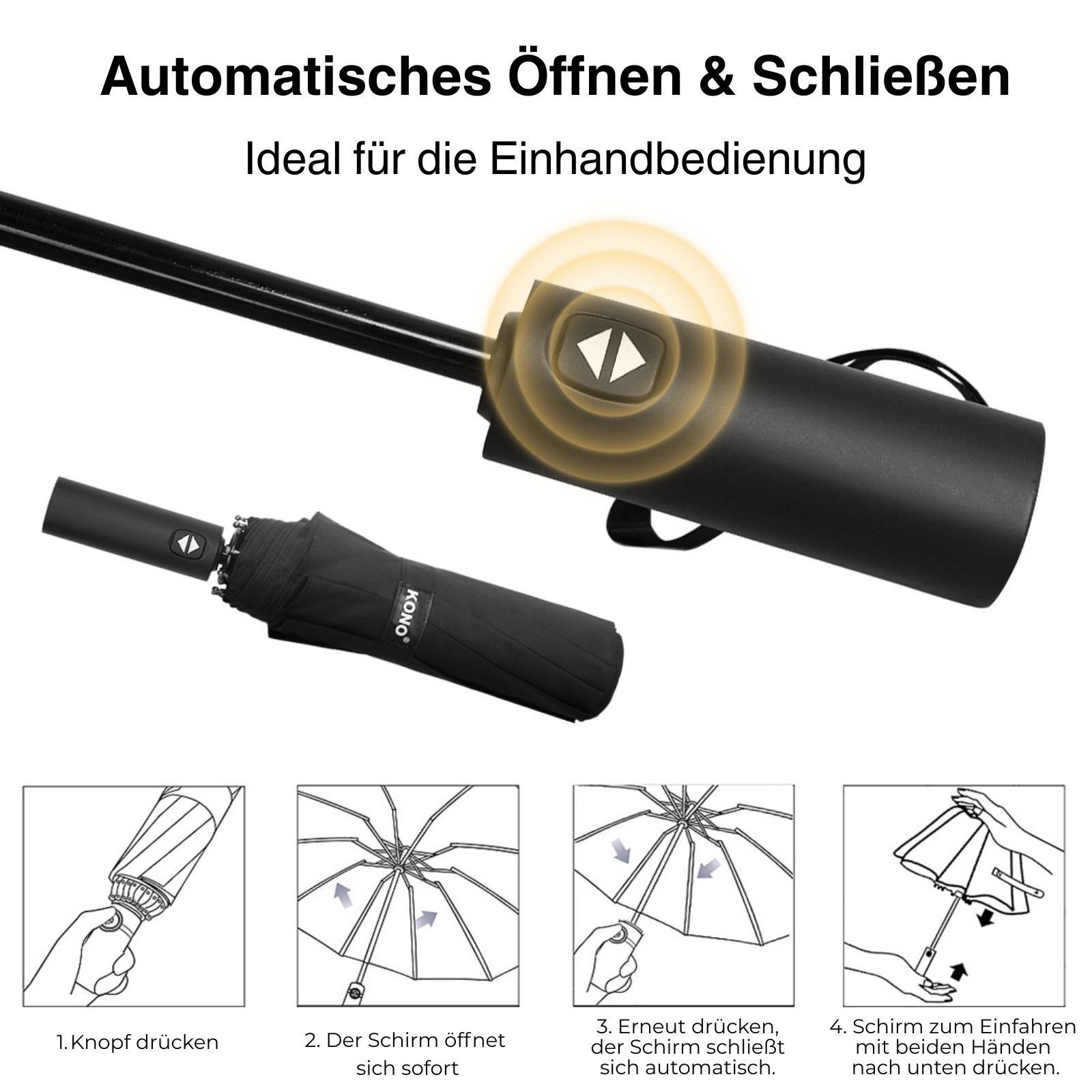 KONO Taschenregenschirm Automatik Regenschirm, 1-Klick Öffnen & Schließen, Schwarz, Leicht, Robust – Bild 4 von 5