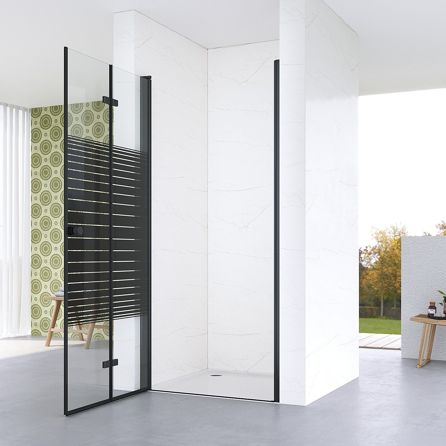 AQUALAVOS Dusch-Falttür Nischenduschtür mit platzsparender Falttür Schwarz matt Streifendekor, 70x187 cm, 5 mm ESG Sicherheitsglas nach DIN EN 12150, 15 mm Wandausgleich Aluminiumprofile Beidseitig öffnend Barrierefrei