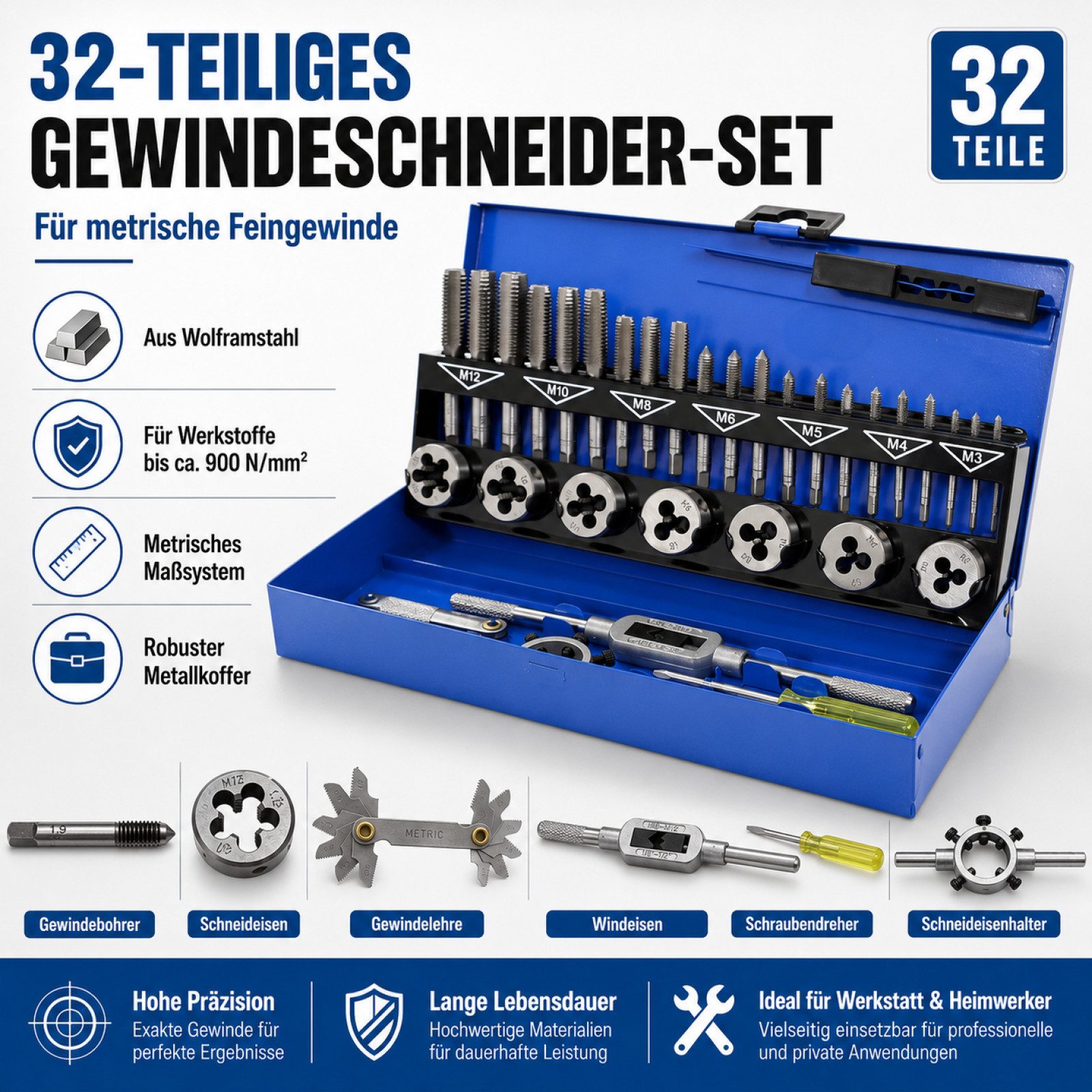 Bituxx Gewindeschneideisen Gewindeschneid Set 32 tlg, Set, 32-tlg., MS-15841