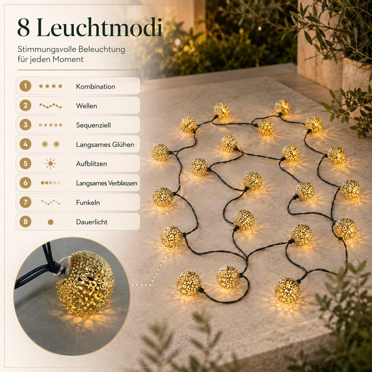 pedete LED Solarleuchte Outdoor Lichterkette LED Kugel-Lichterkette für Garten 5 M 20 Lampen, gartendeko, Warmweiß, solar lichterkette für außen, Garten Led Lam – Bild 5 von 5