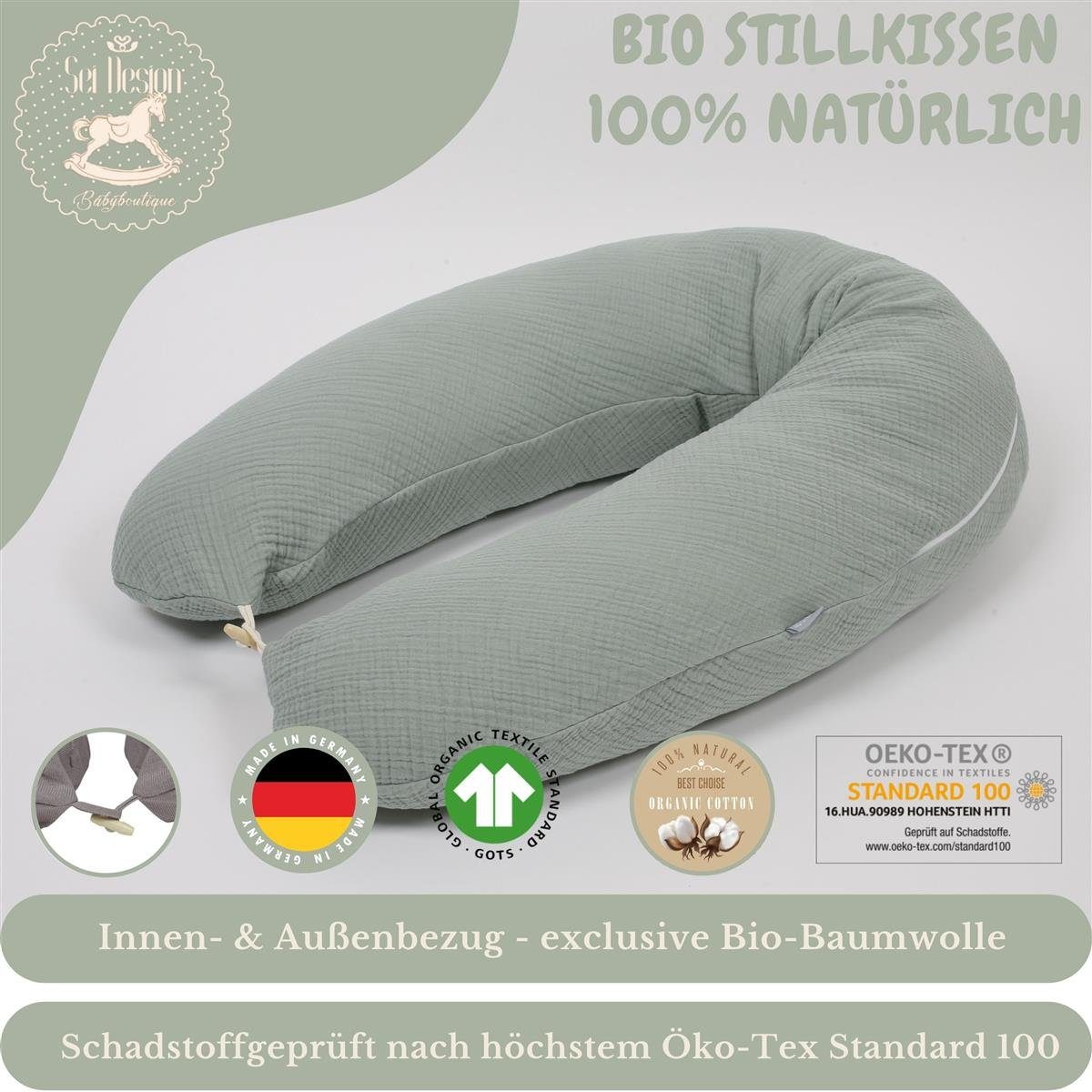 Kapok Mint Stillkissen + + Design 190x30 SEI cm, Naturstillkissen Baumwolle BIO-Stillkissen Dark Bezug, BIO Kissen