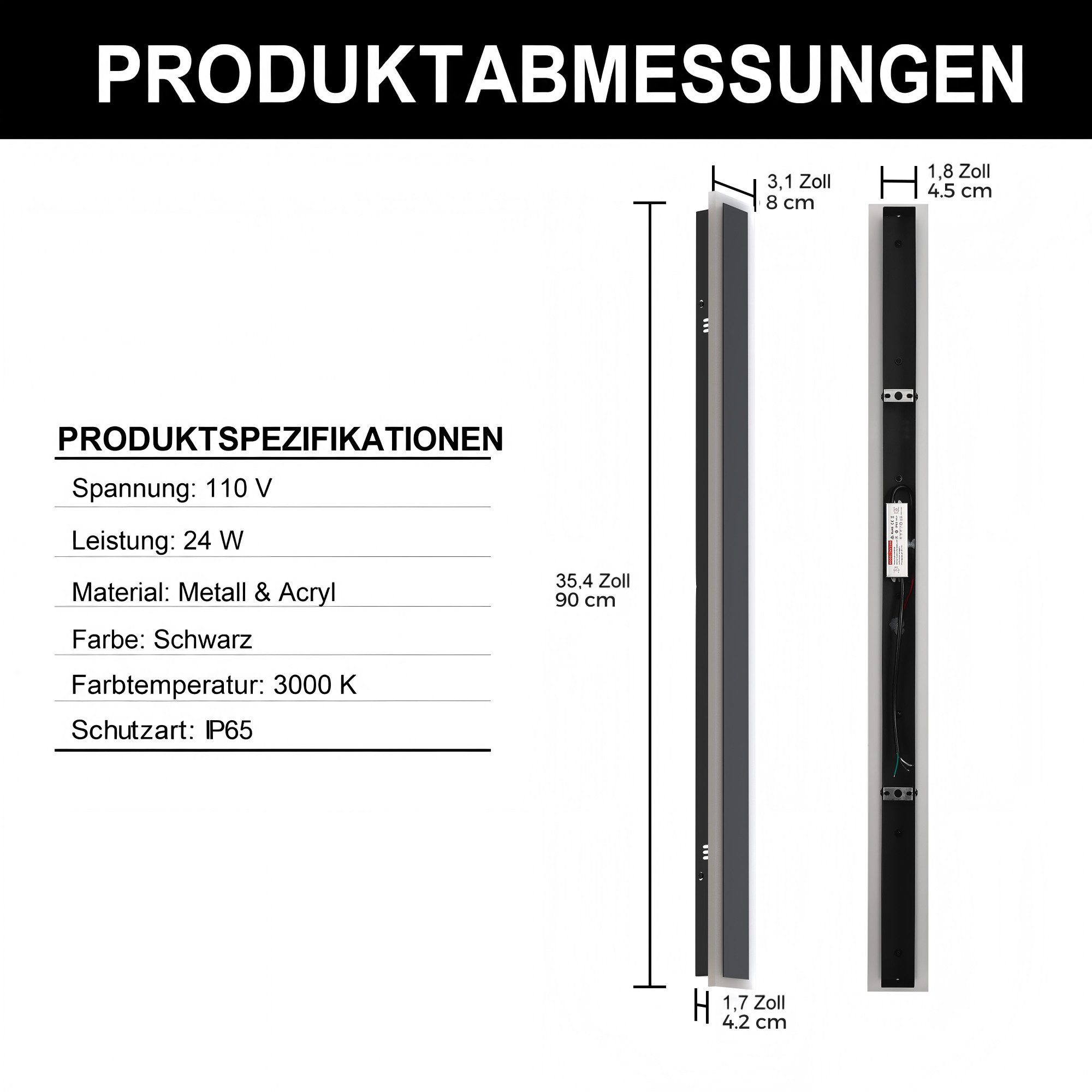 LOHAS-LED Wandleuchte Außen-Wandleuchte 90 cm, 24 W, 110 V, IP65, 3000 K, Schwarz, LED fest integriert, Warmweiß, Lange Wandlampe für Treppen, Flure, Balkon, Terrasse und Garten
