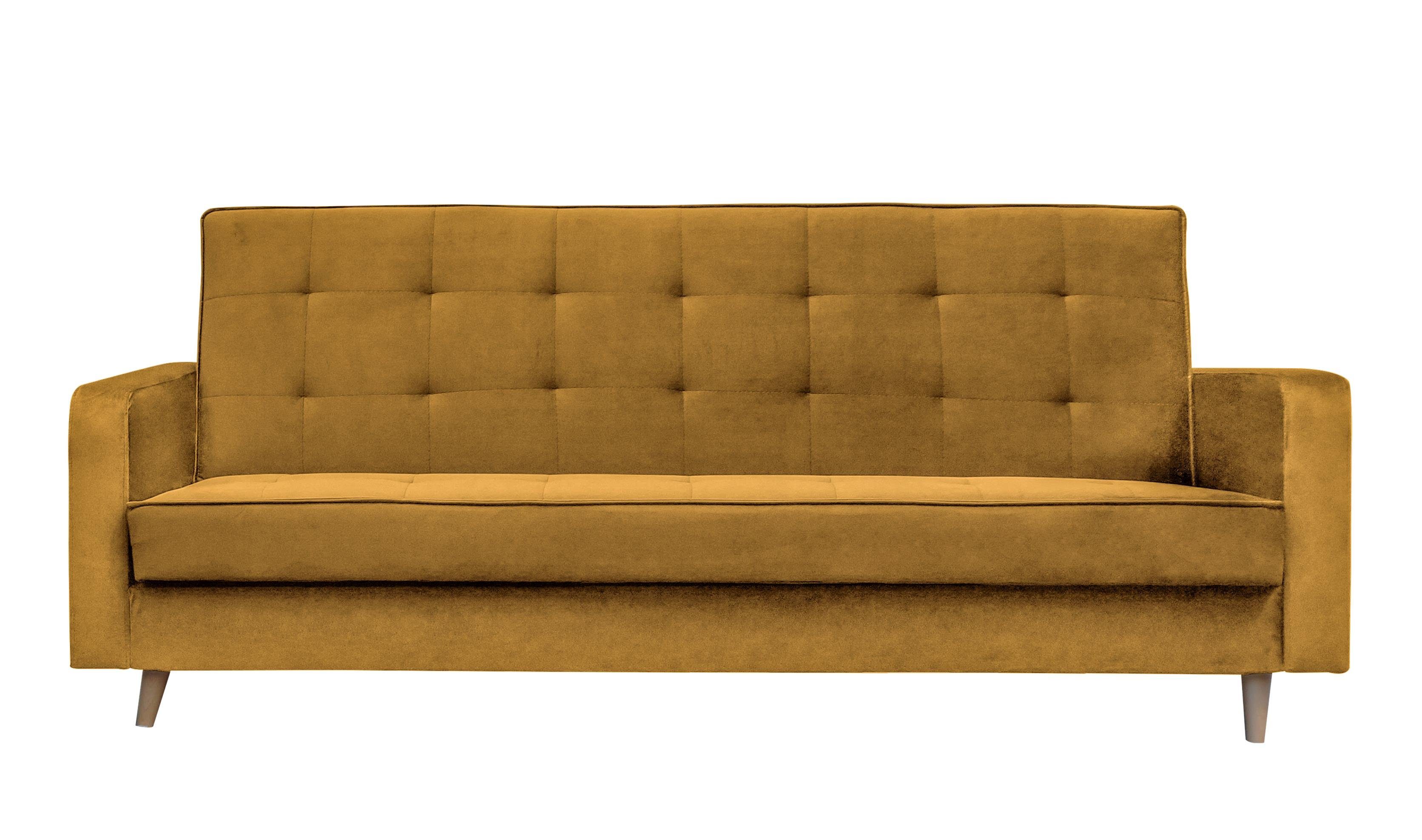 Senfgelb 01) Beautysofa Couch (kronos Stil, Sofa und im Polstersofa Bamako, Schlafsofa mit mit skandinavischen Bettkasten, Holzbeine Schlaffunktion