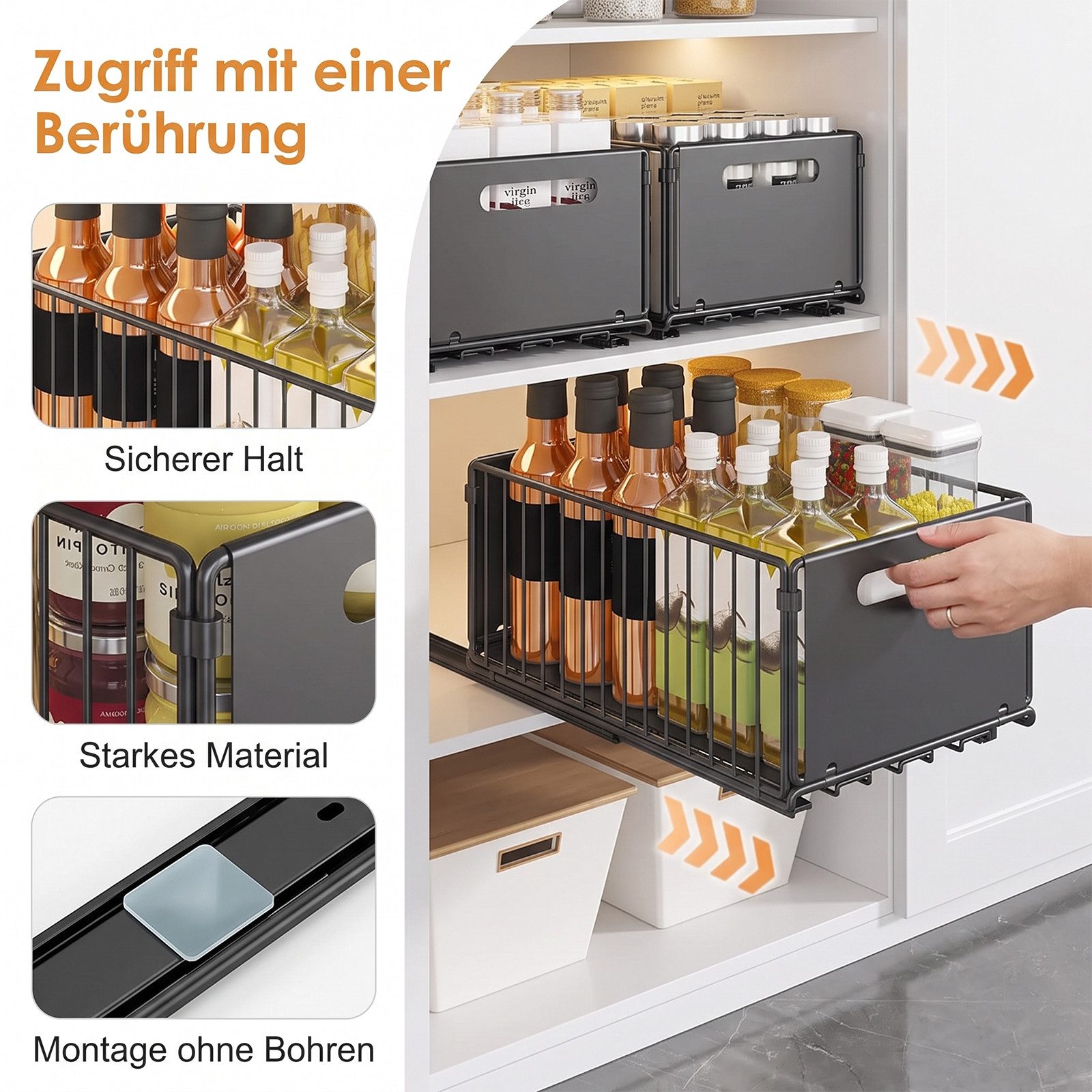 AKKEE Küchenorganizer-Set 2 Stück Teleskopschublade Ausziehbarer Schrank Organizer Kein Bohren, für Küchenschränke,Schubladenregale Herausschieben