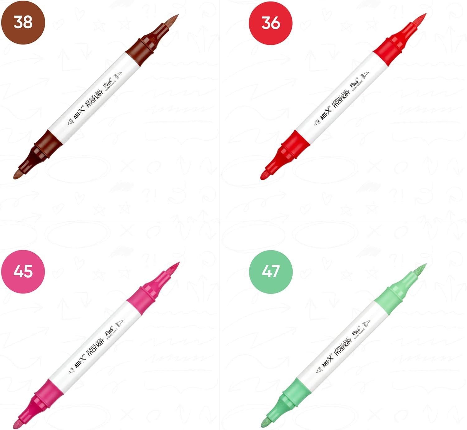 ART-X Marker Acryl Marker Set - 24 Farben, Doppelspitzen, Für Künstler & Hobby, (Doppelspitzen-Marker-Set, 24 Farben, doppelseitig mit feiner und breiter Spitze), Wasserbasis; Ungiftig; Schnelltrocknend; Doppelseitig