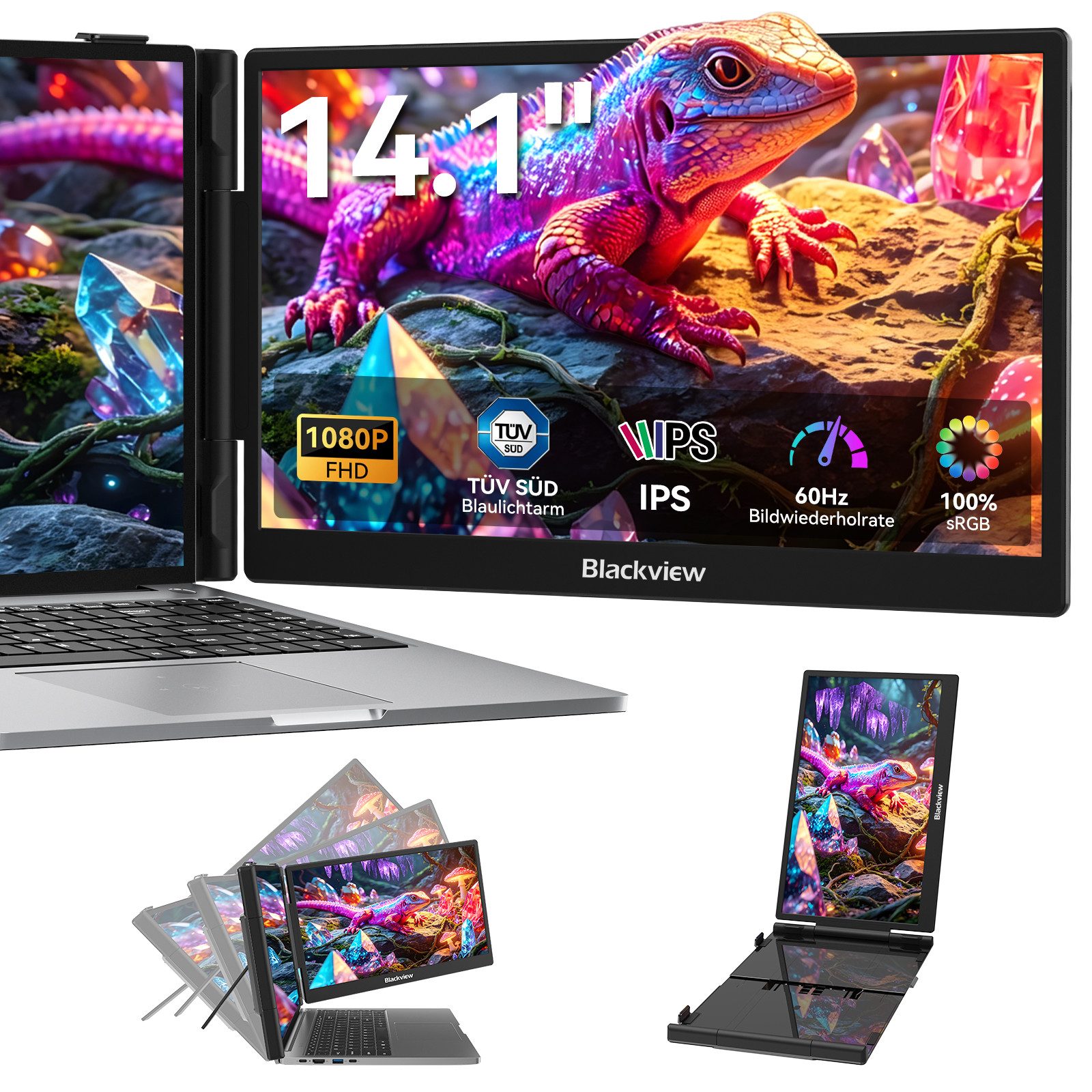 blackview 14" FHD Laptop Bildschirm Erweiterung SCM5, LCD, IPS, augenschonend Portabler Monitor (1920x1080 px, Full HD, IPS, 995g, 180°, 13,3-17,3 Zoll & Windows/Mac/Android/Chrome-Kompatibilität)