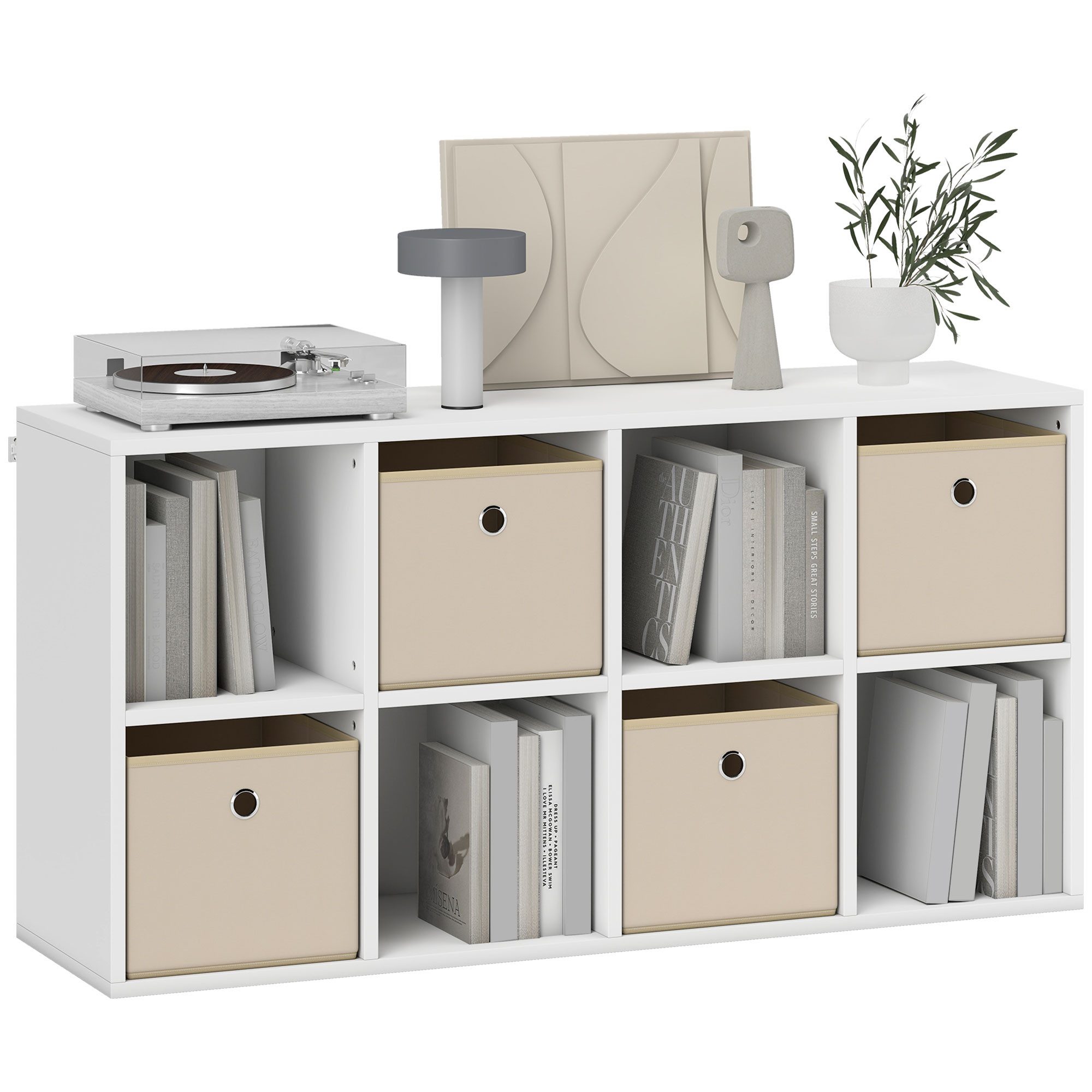 MC Star Bücherregal 8-teiliges Würfelregal mit 4 Stoffschubladen, horizontal oder vertikal, für Wohn- oder Schlafzimmer, 105,9 x 30 x 53,7 cm, Weiß und Beige