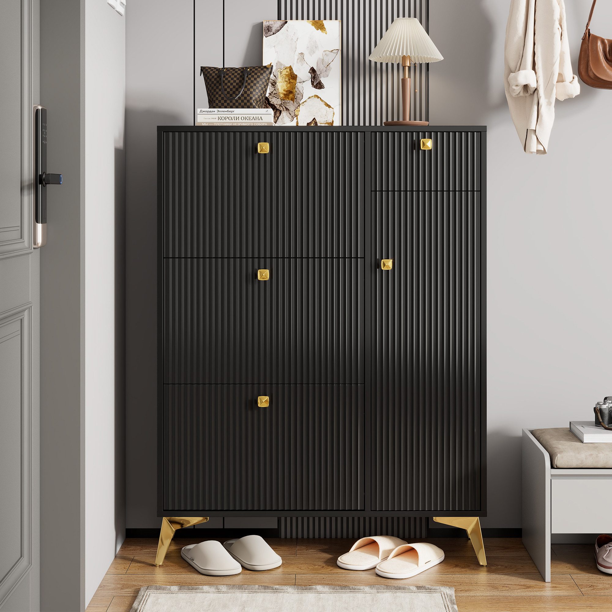 Flieks Schuhschrank Schuhkommode mit 3 Klappen, 1 Schublade und 1 Tür (H121xB90xT25 cm, 1-St., ca 16 Paar Schuhe) Schuhregal Schuhkipper mit verstellbarer Einle – Bild 2 von 5