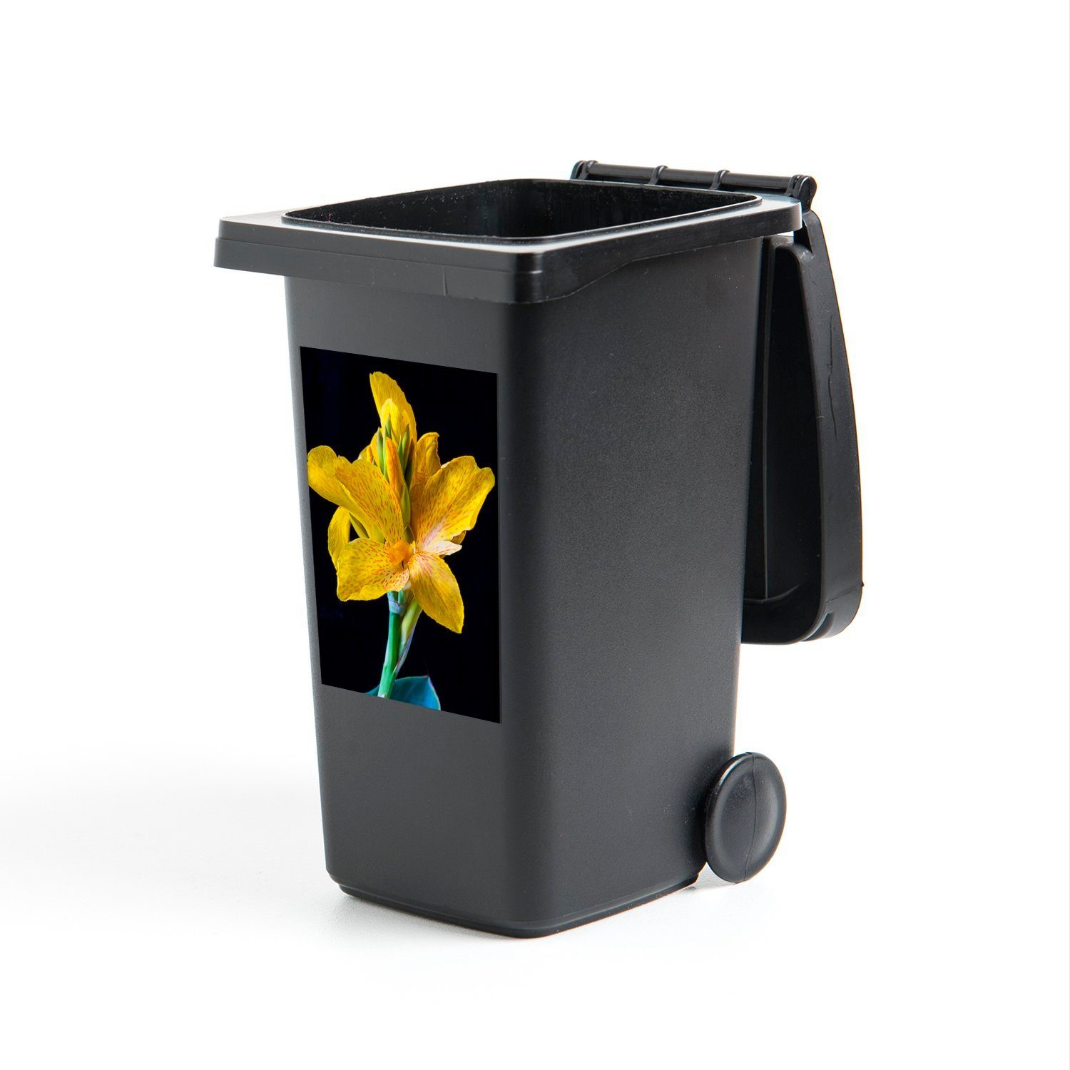 MuchoWow Wandsticker Porträt einer blauen und gelben Canna-Blüte (1 St), Mülleimer-aufkleber, Mülltonne, Sticker, Container, Abfalbehälter