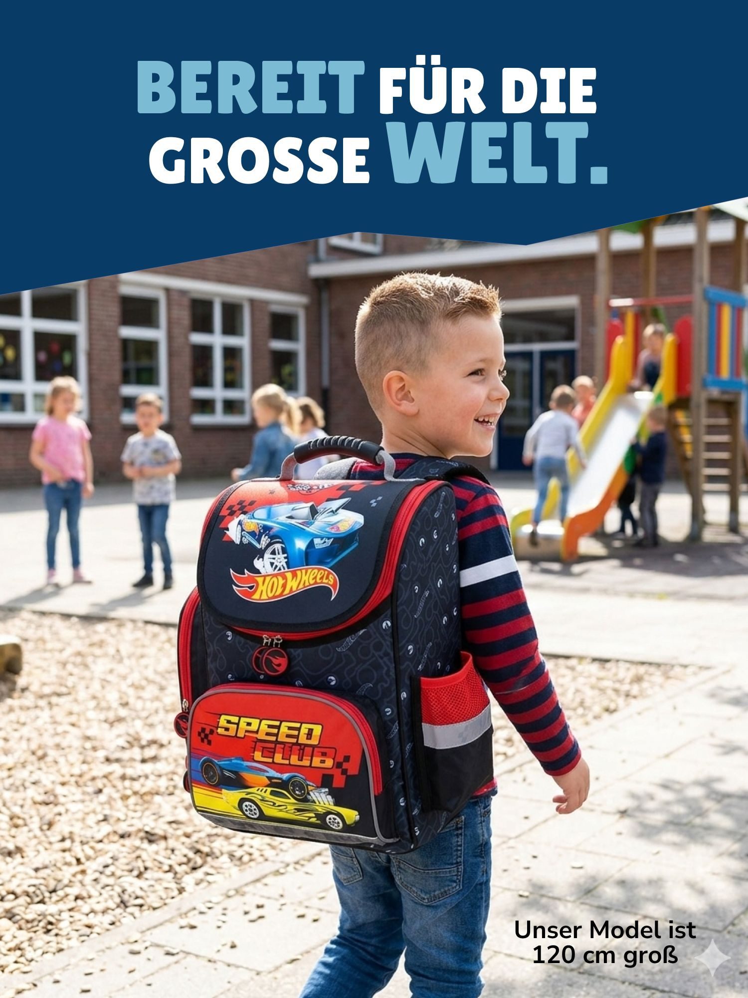 Familando Schulranzen Hot Wheels Schultasche 1. Klasse, leicht, kompakt, ergonomisch (7-tlg., inkl. Federmapppe, Brotbox und Trinkflasche), ergonomischer Tornister für Jungen und Mädchen