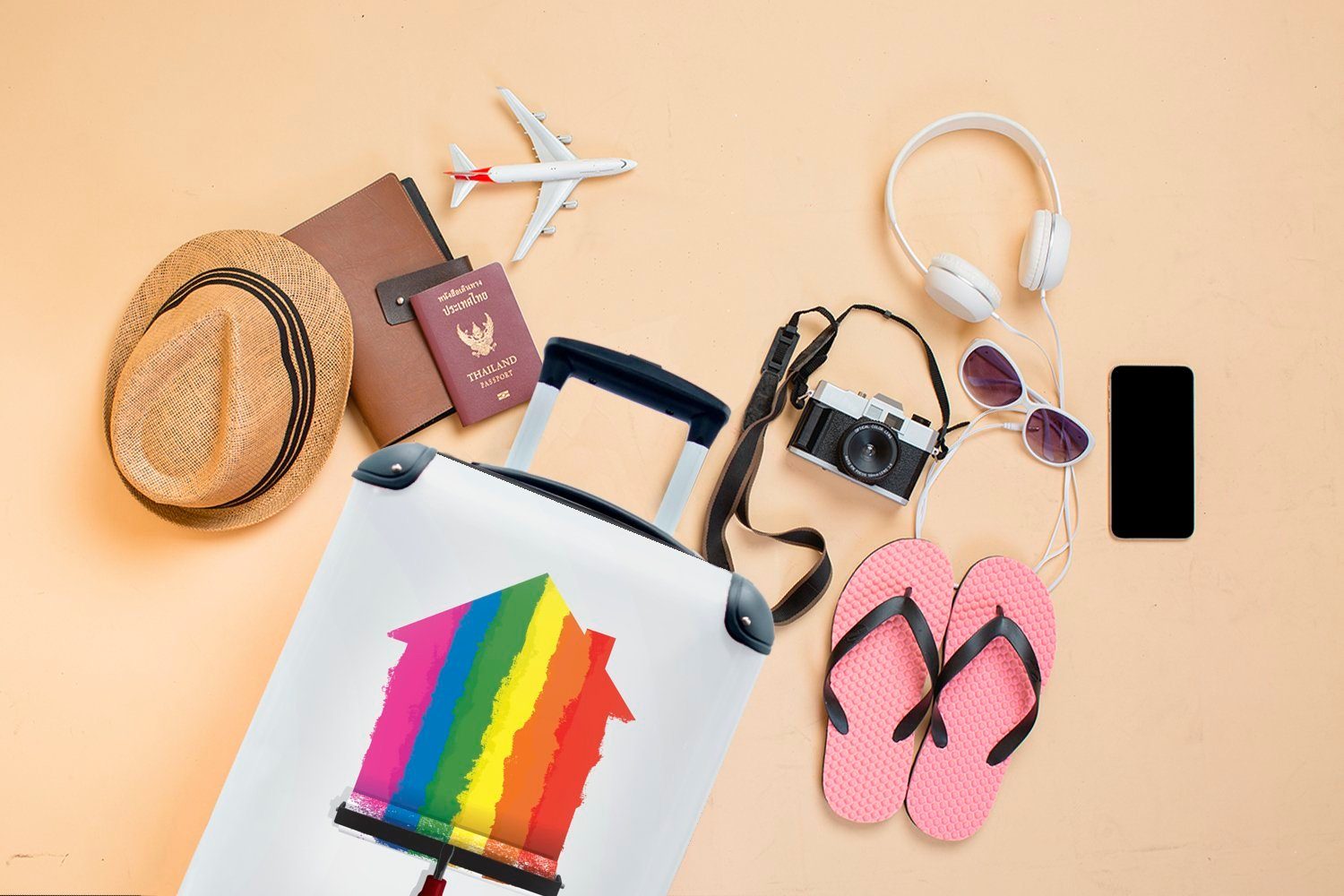 MuchoWow Handgepäckkoffer Reisekoffer für rollen, Trolley, Regenbogenfarben, mit Rollen, Handgepäck in Hausmalerei Ferien, Kinderillustration Reisetasche 4