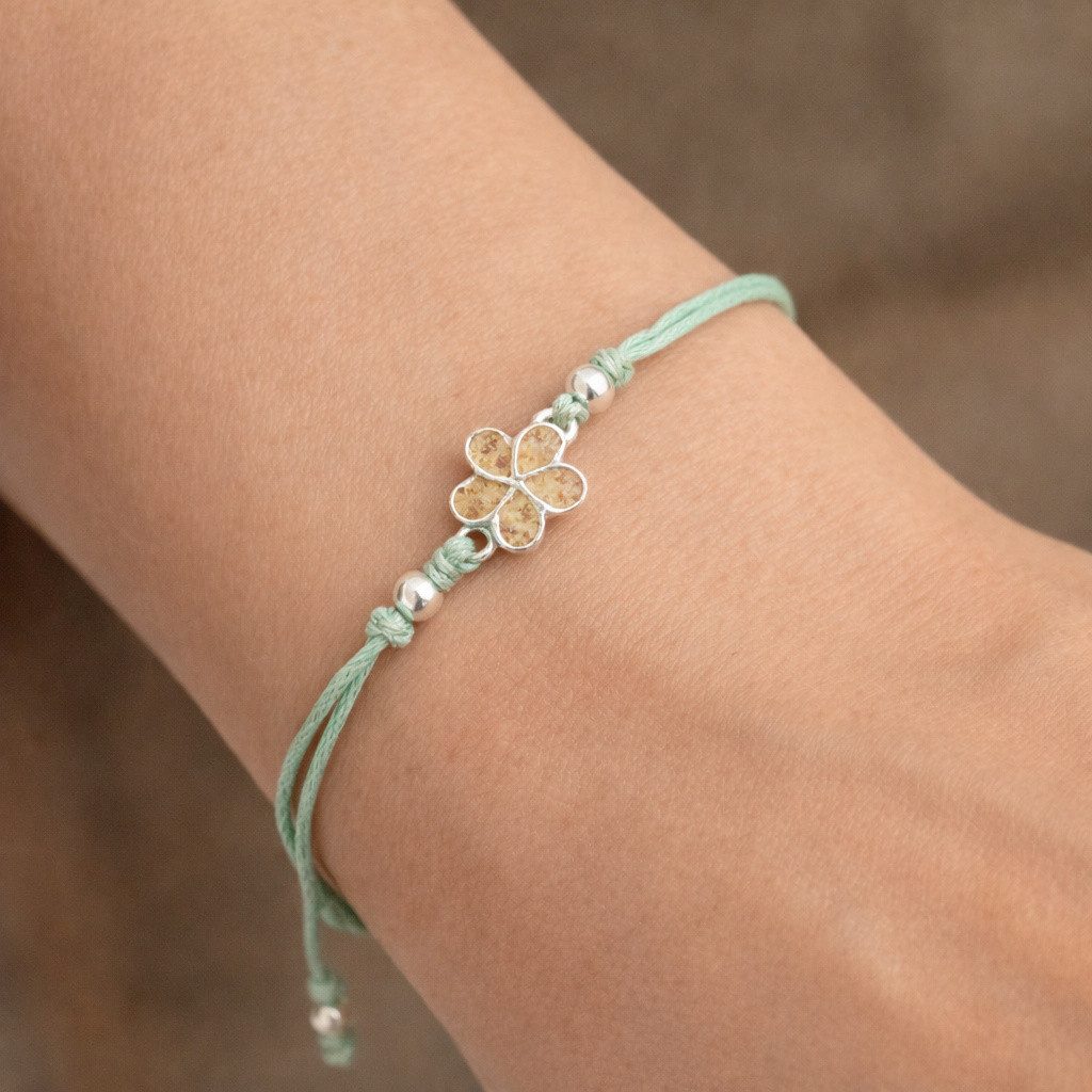 DUR Armband A1990 Plumeria Blüte 925 Silber Strandsand Baumwollband mint