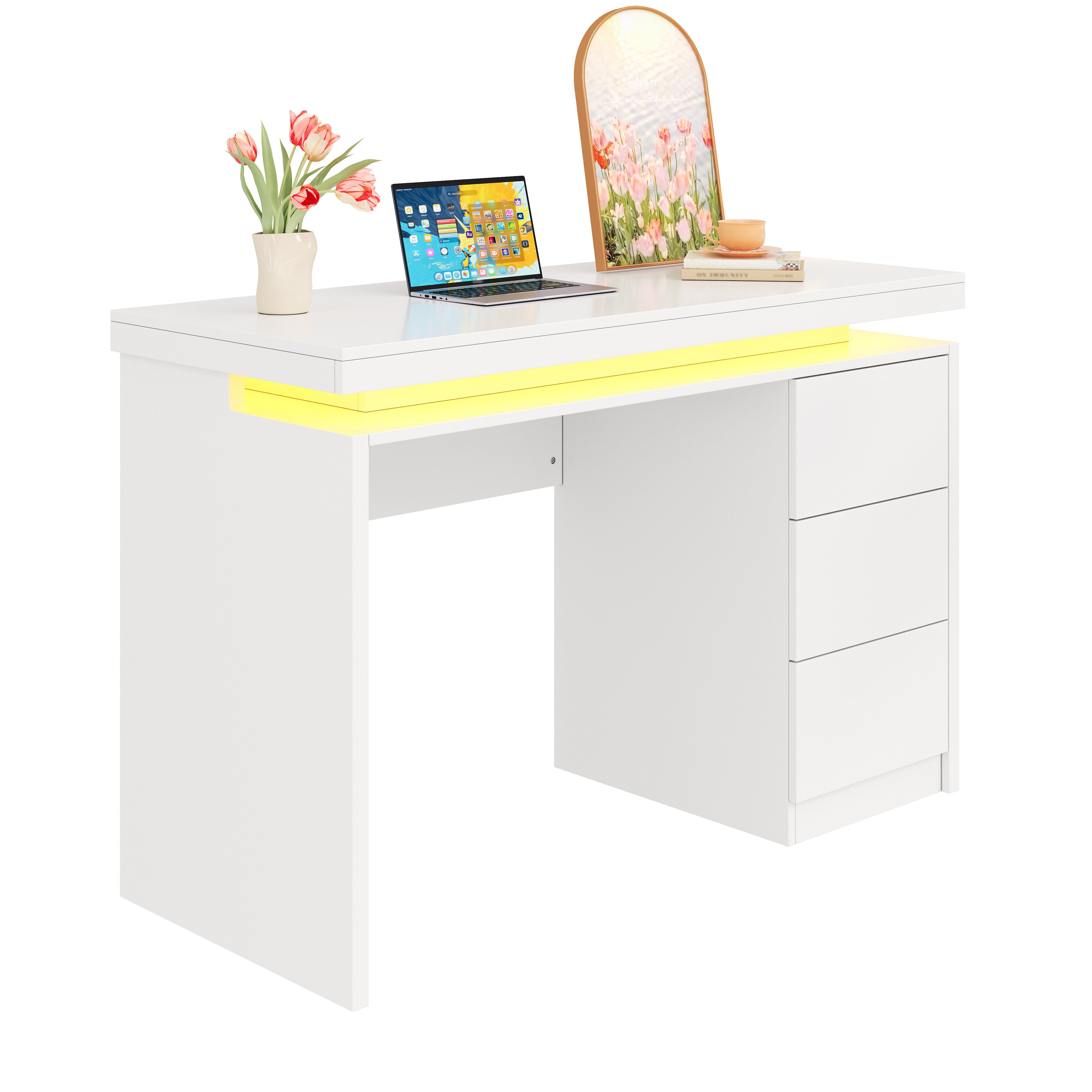 BlingBin Schreibtisch 120x50 cm mit 3 Schubladen und LED (1-St., Homeoffice-Tisch mit großer Arbeitsfläche, Weiß), für Homeoffice, Arbeitszimmer und Büro