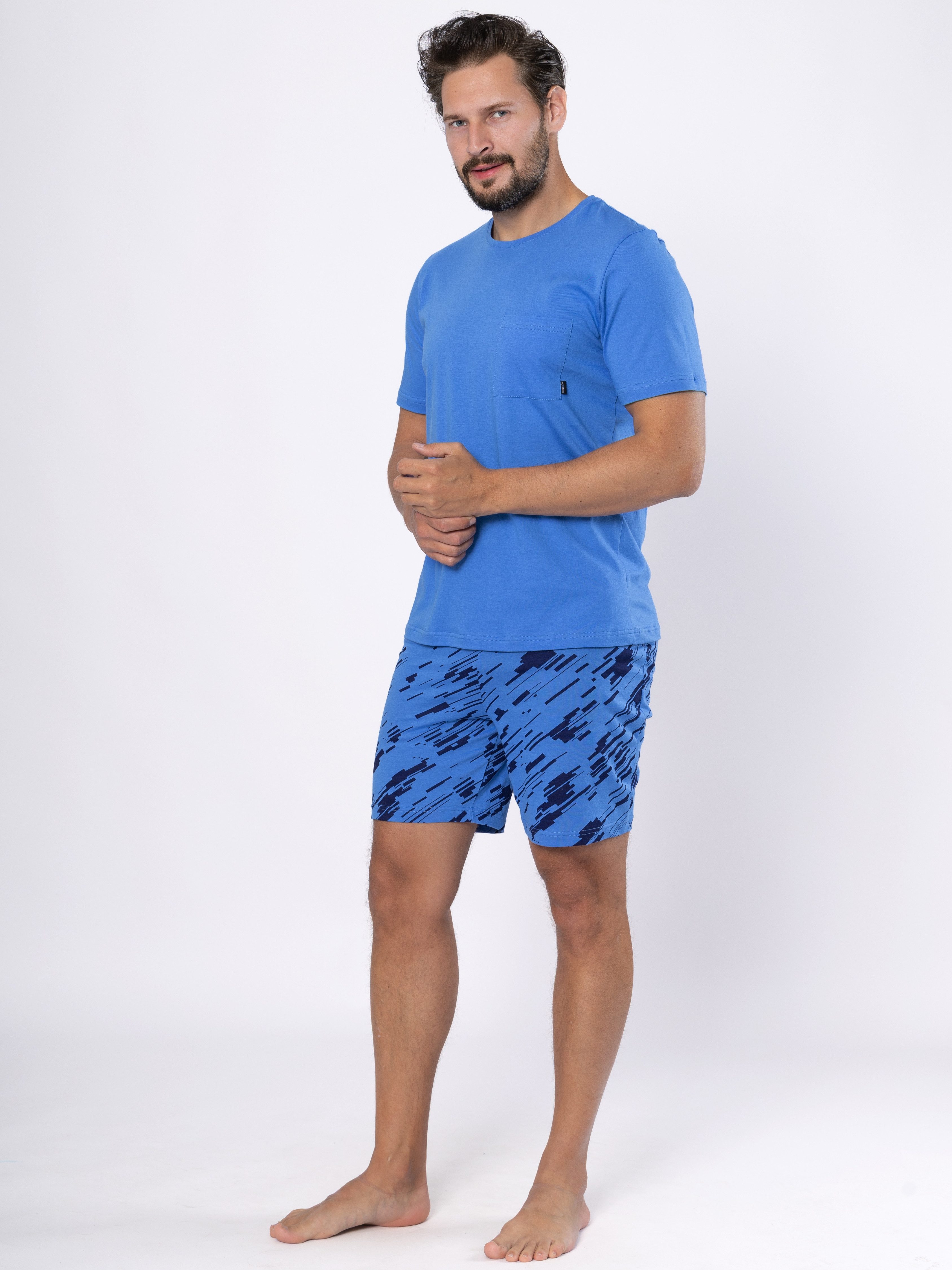 HOTBERG Shorty Pyjama-Set Herren kurz (2 tlg) Baumwolle, Blau-Marine, Nachtwäsche mit Print